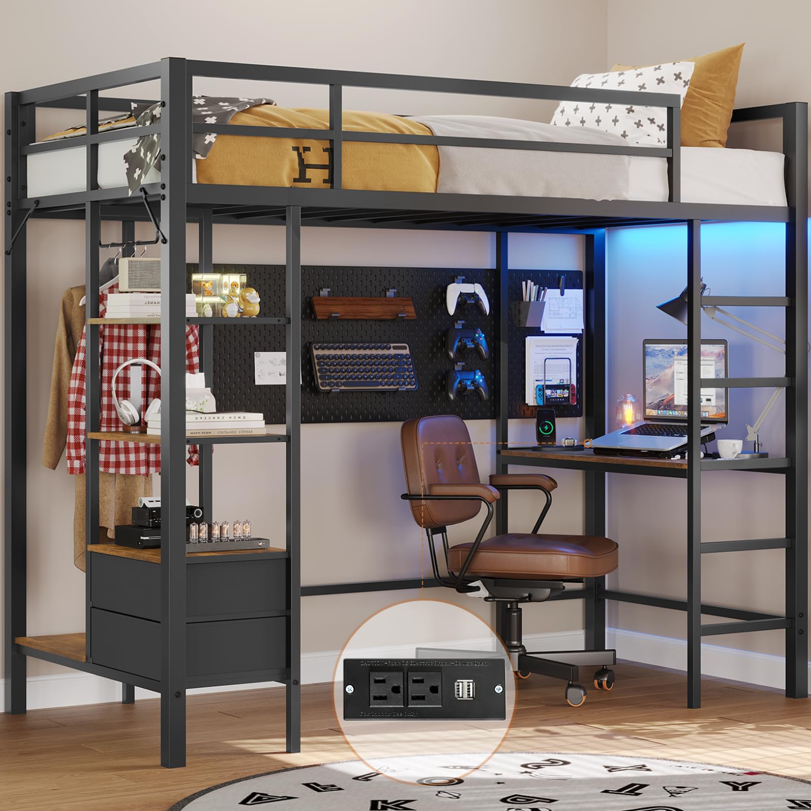 Twin Size Loft Bed with Desk and Led Lights Metal Loft Bed
