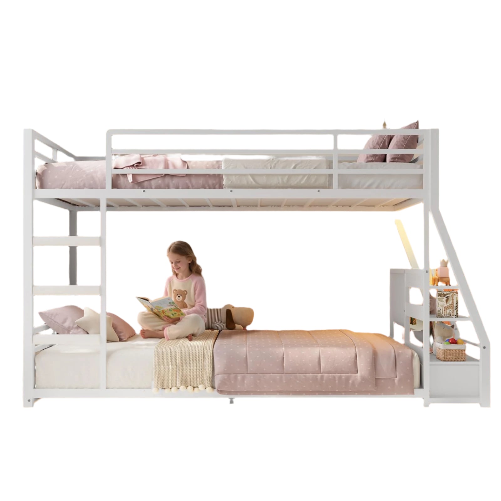Low Bunk Bed Twin Over Twin with Sling Bookshelves, Storage