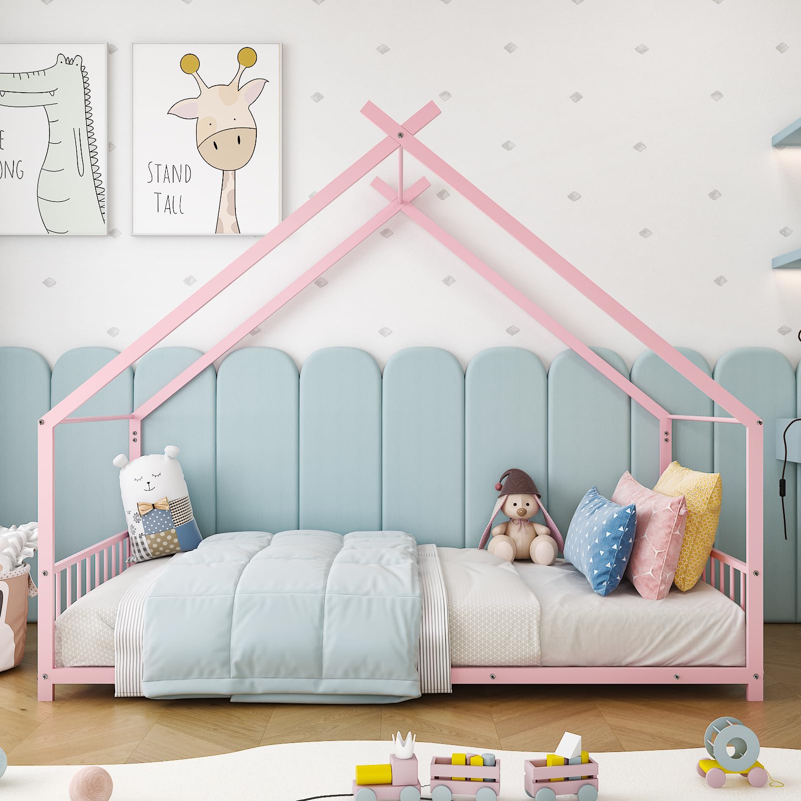 Twin Size Toddler Floor Bed, Metal Montessori Bed with Slats & Fence