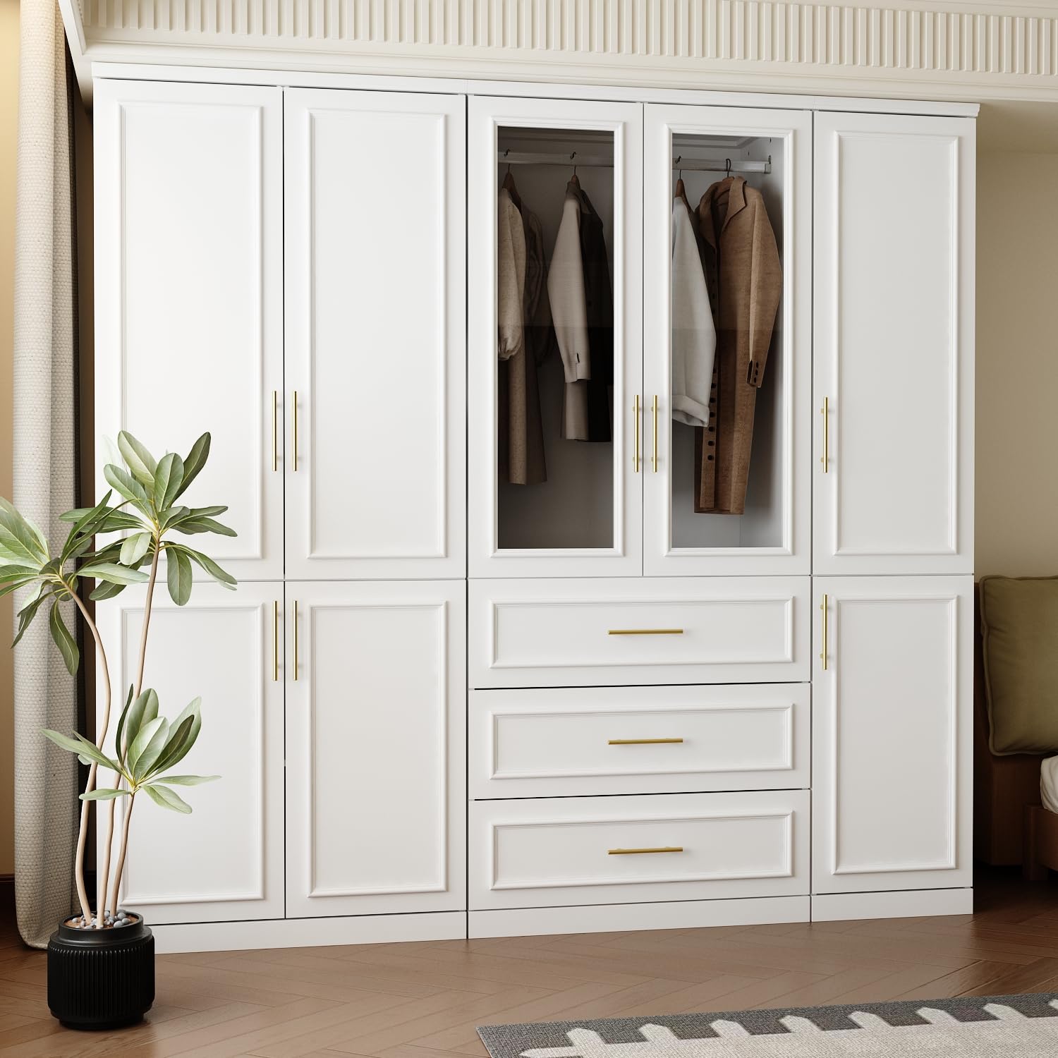 Wardrobe Closet Collection with Doors, Modern White Bedroom Armoire System