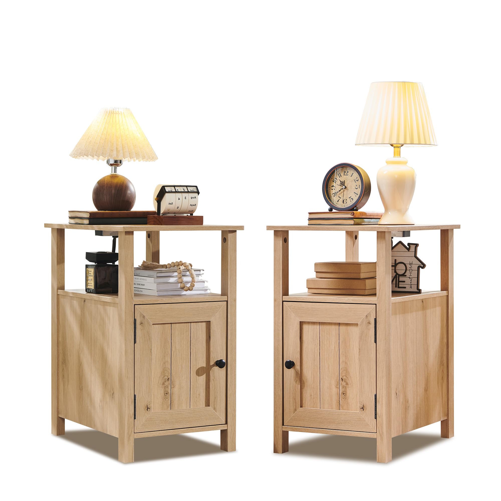 Farmhouse Nightstands Set of 2, Narrow Bedside Table with Charging Station