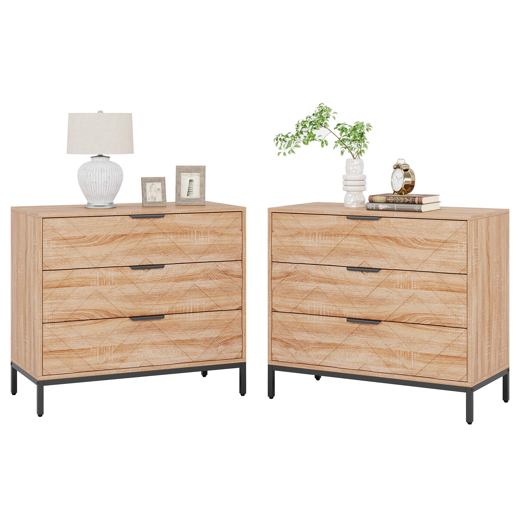 Wooden Nightstand with 3 Drawers, 31" Wide Night Stand with Metal Legs