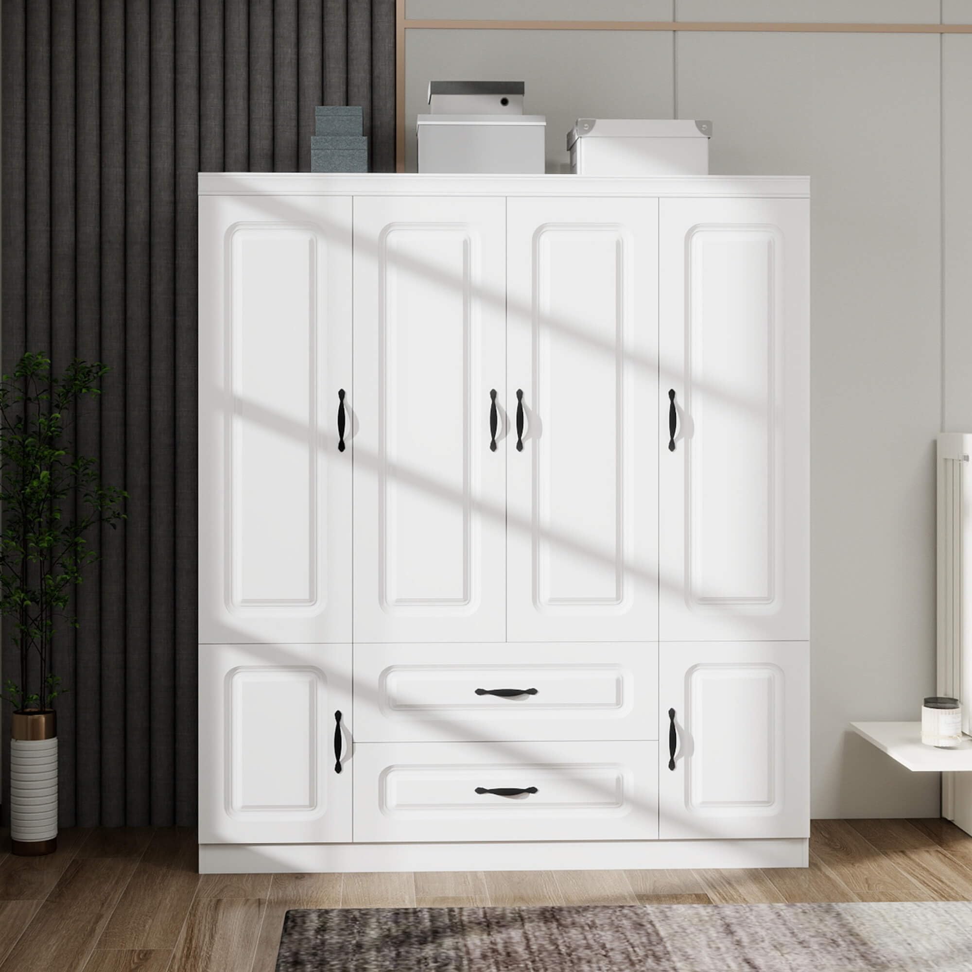 Armoire Wardrobe Cabinet with 4 Doors, Bedroom Closet with Hanging Rod