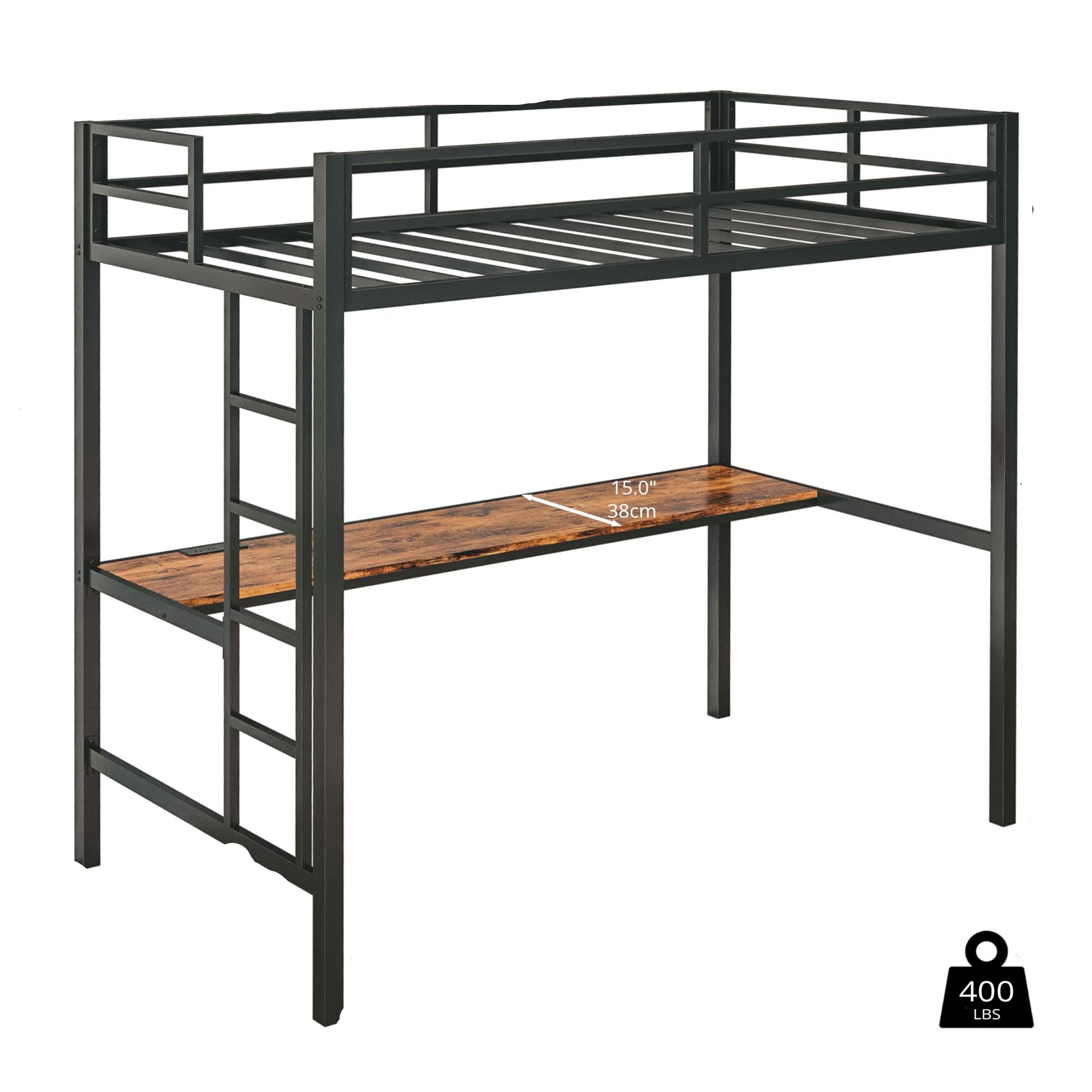 Loft Bed Twin Size with Desk, Metal Loft Bed Frame with Power Outlet