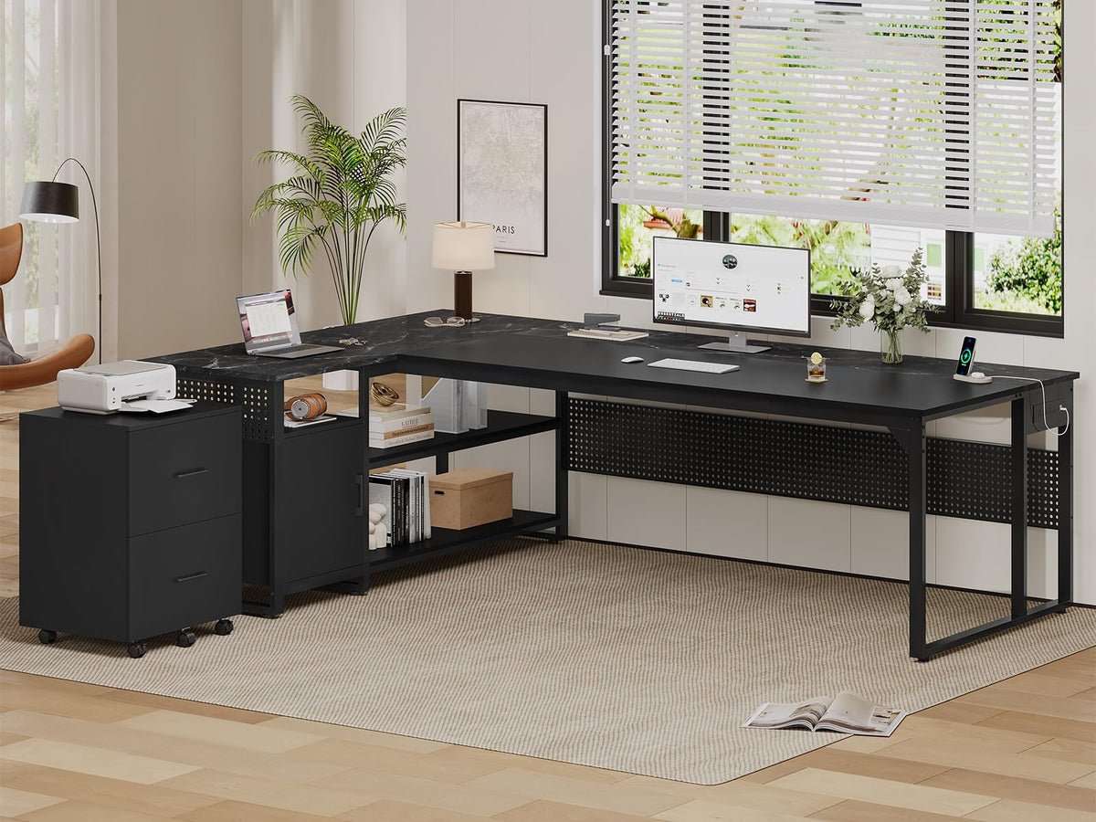 L-Shaped Executive Desk with File Cabinet & Power Outlets