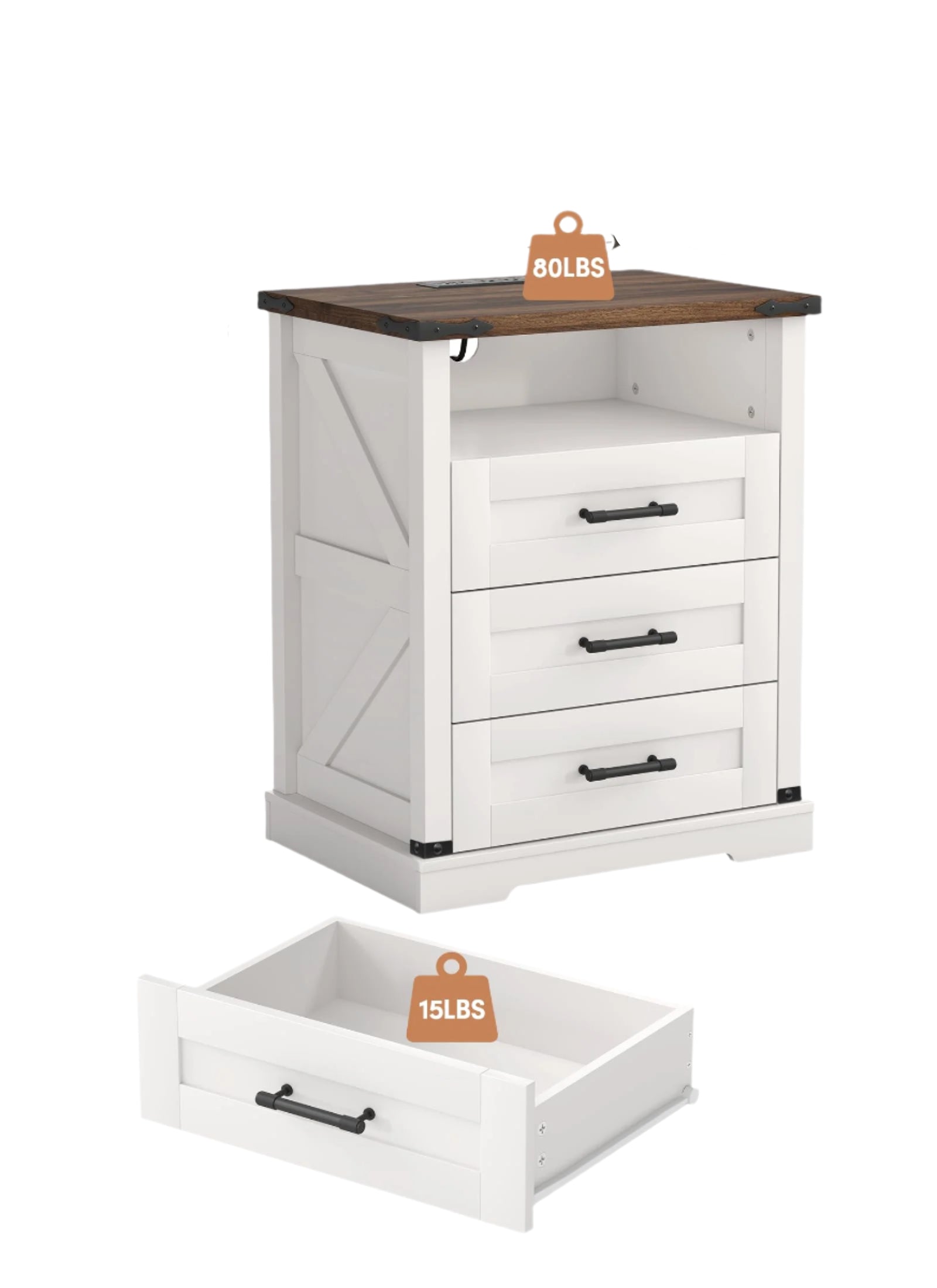 Night Stand with Charging Station 22" Large Farmhouse Nightstands