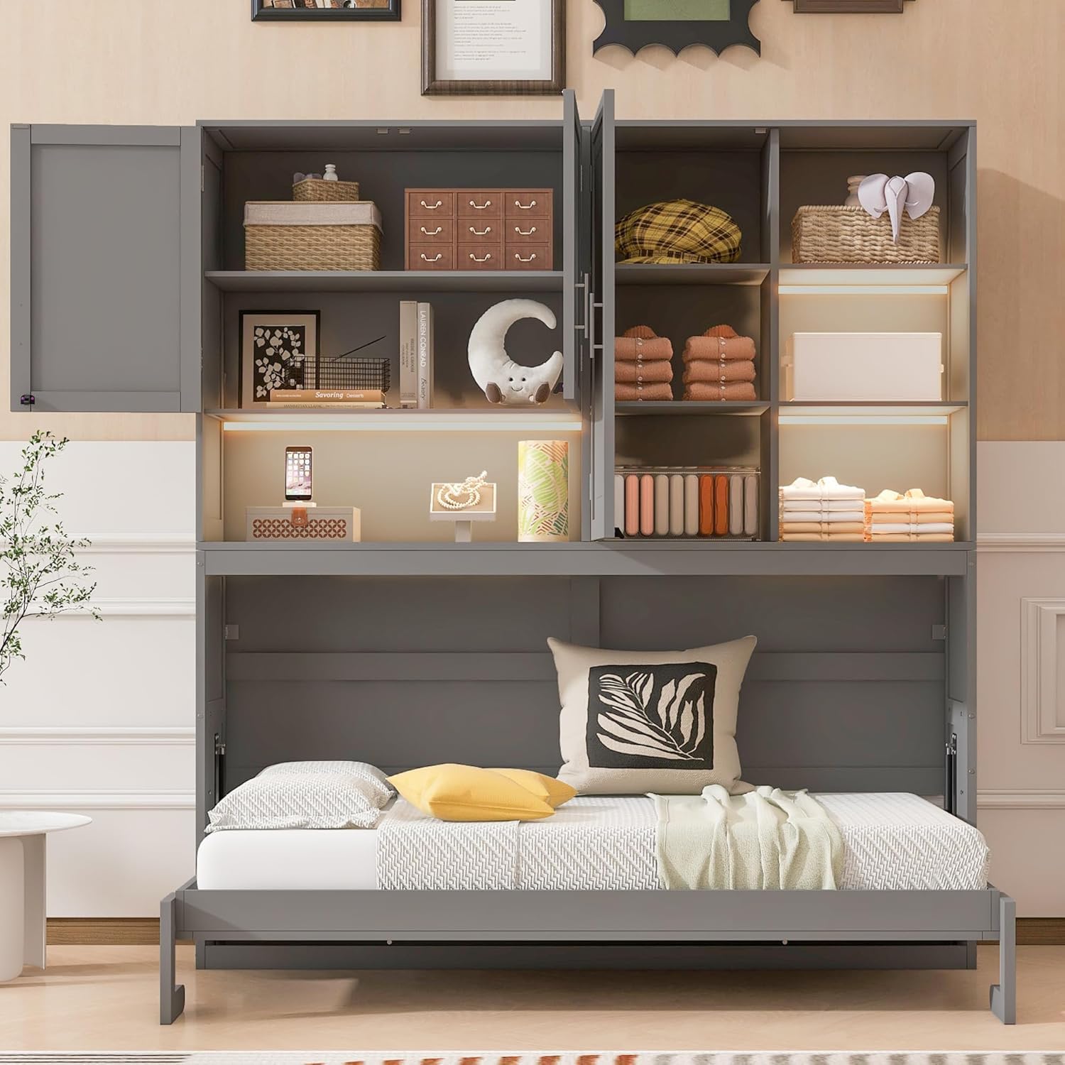 Twin Horizontal Murphy Bed with Storage Cabinet, LED Light and Charging Station