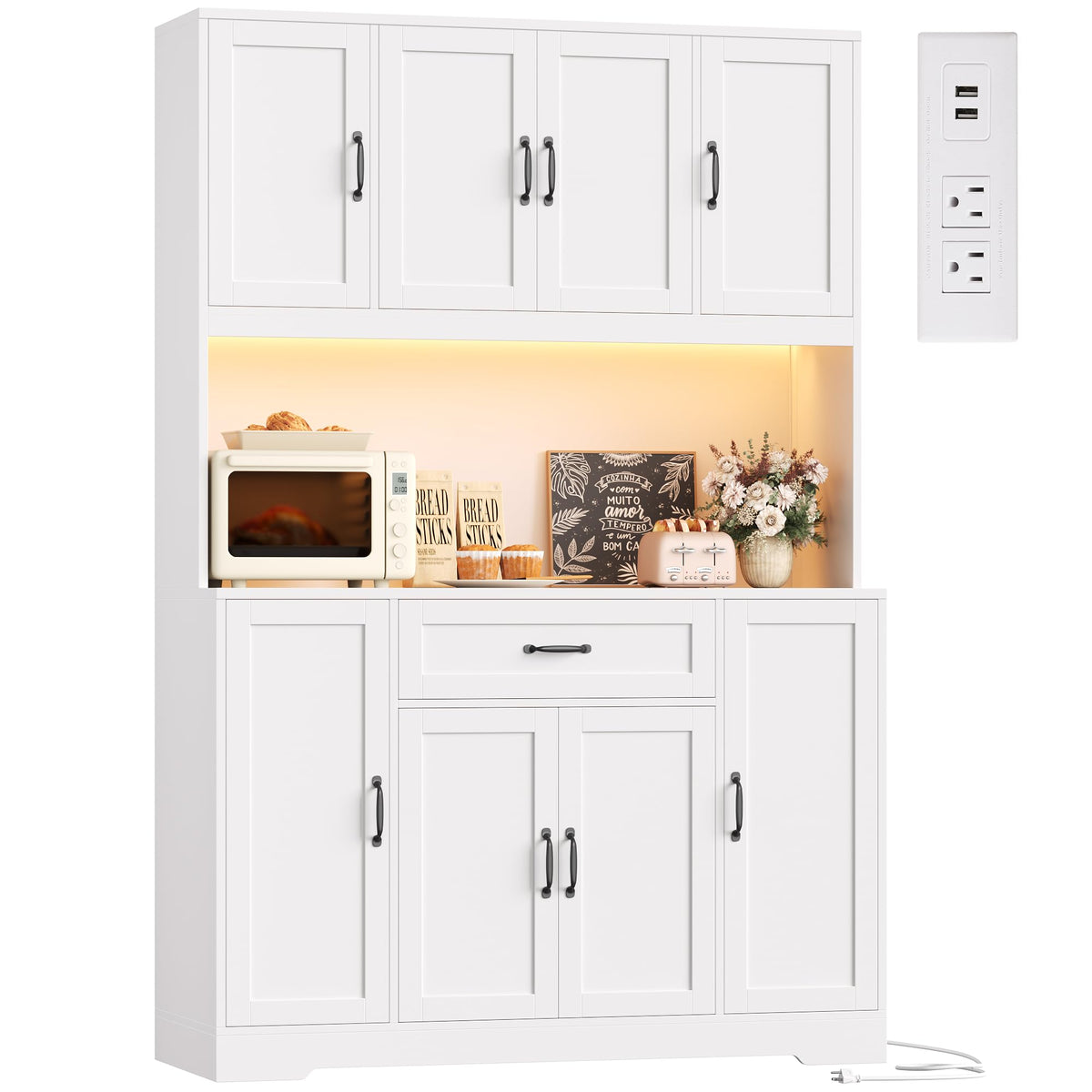 70" Kitchen Pantry Cabinet with LED Lights & Charging Station