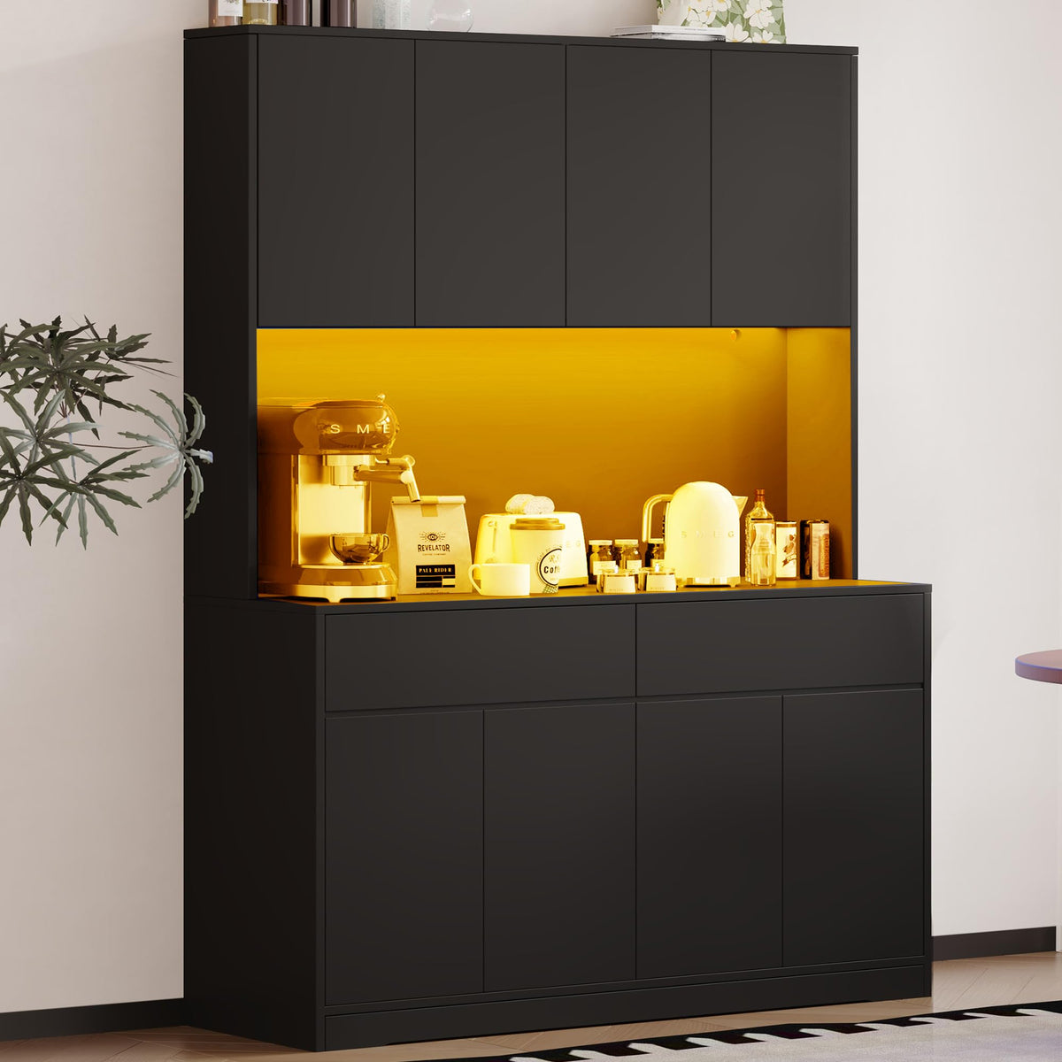 71" Tall Kitchen Pantry Cabinet with LED Lighting, Power Outlet & Charging Station
