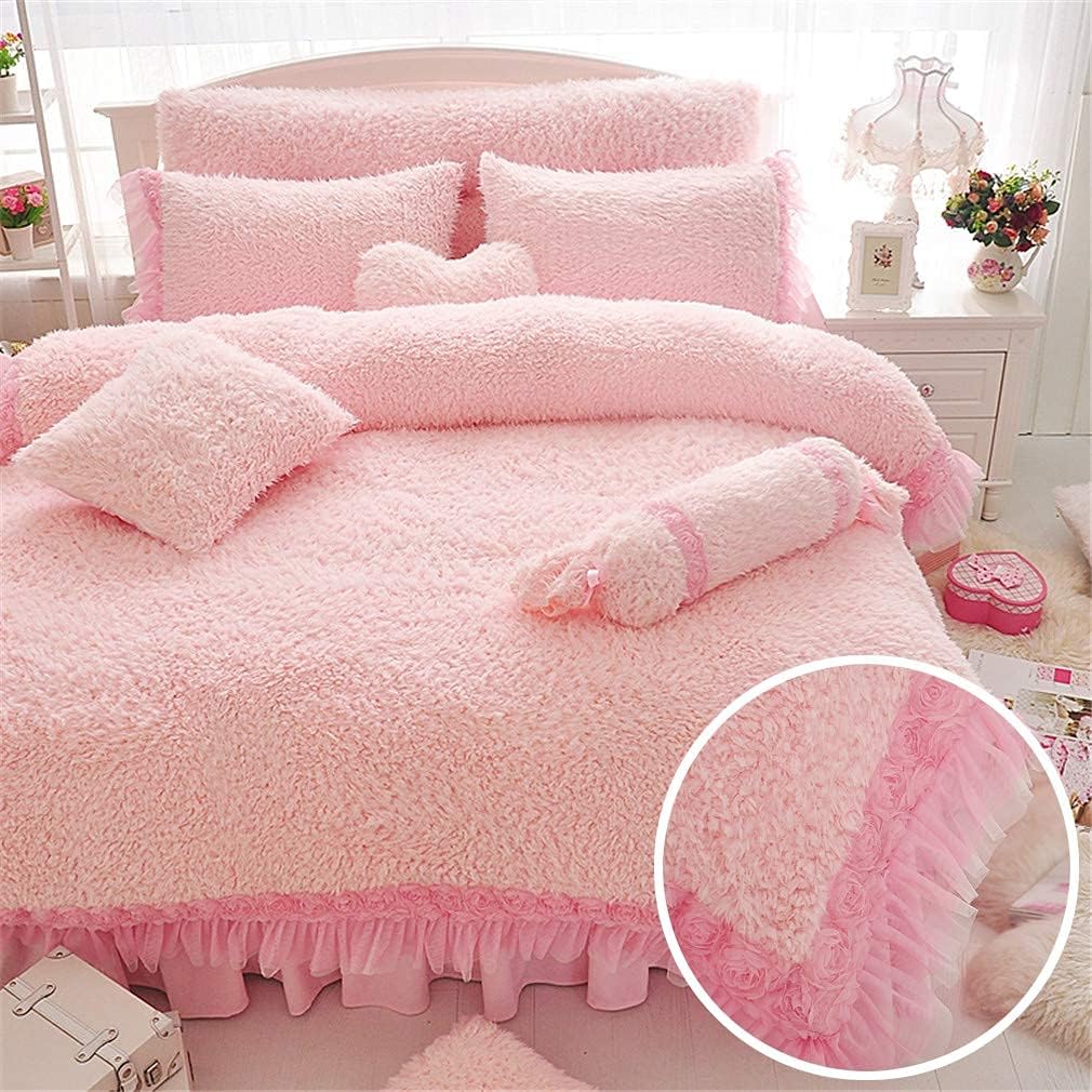 Fleece Duvet Quilt Cover Super Soft Thermal Cozy Bedding Set with Rose Lace