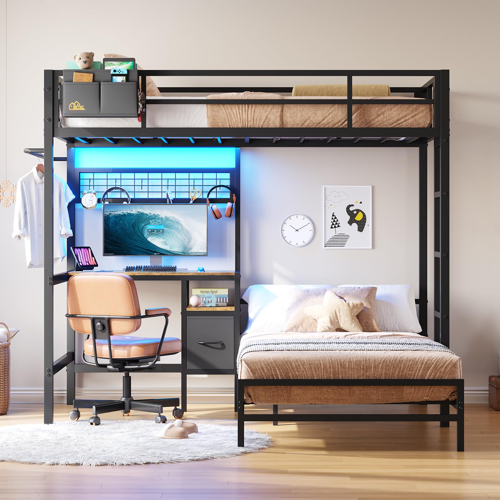 Bunk Bed Twin Over Twin Size with Desk and Charging Station L-Shaped Metal Bunk Bed