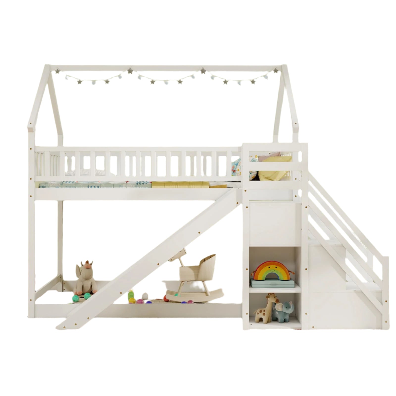 House Bunk Bed Twin Over Twin with Slide & Stairs, Wood Bunk Bed