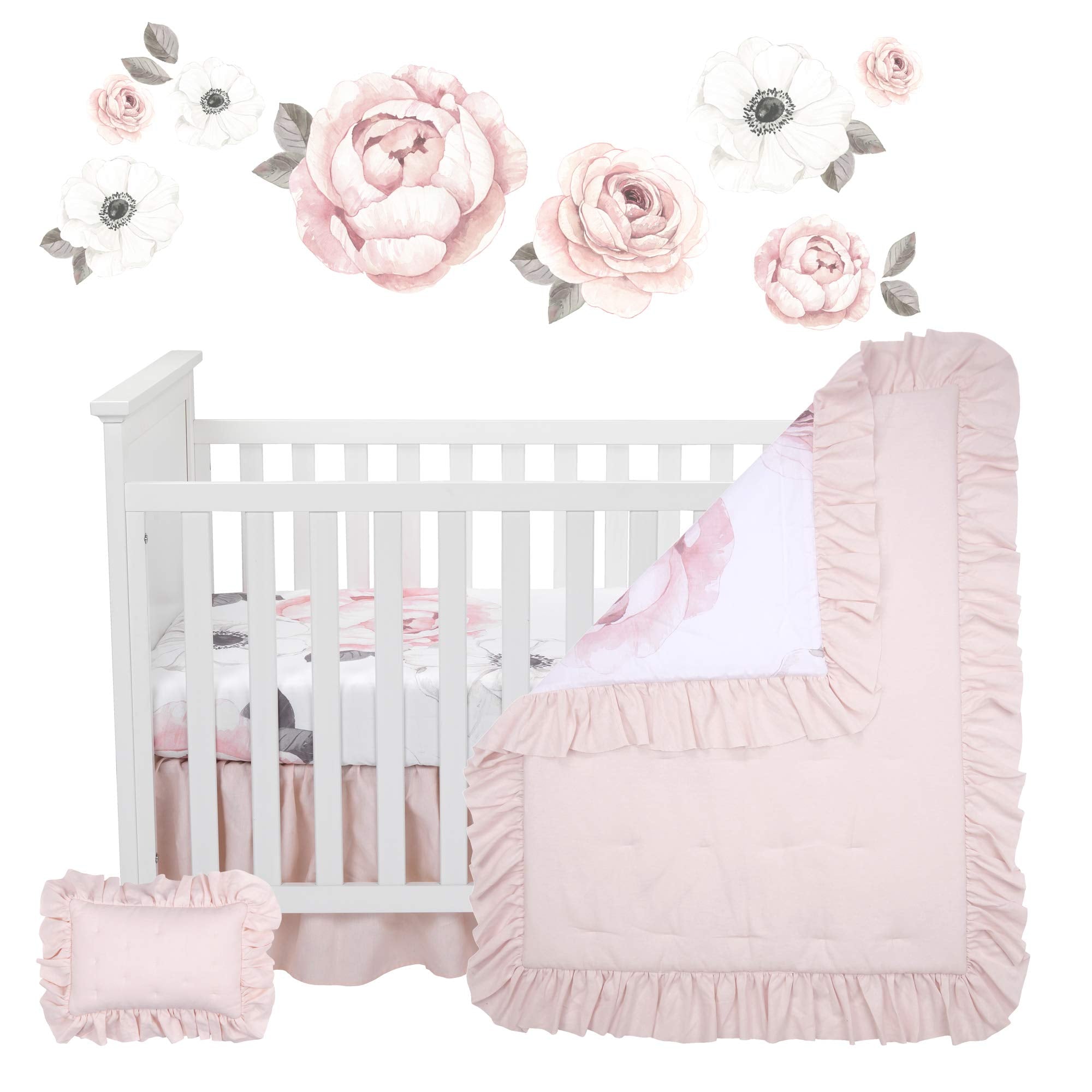 Floral Garden Watercolor/Pink Linen 5-Piece Baby Crib Bedding Set