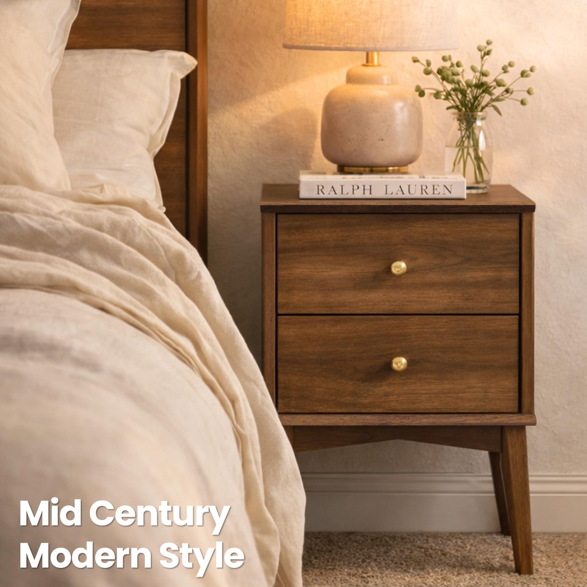 Mid-Century Modern Nightstand with 2 Drawers & Wood Legs