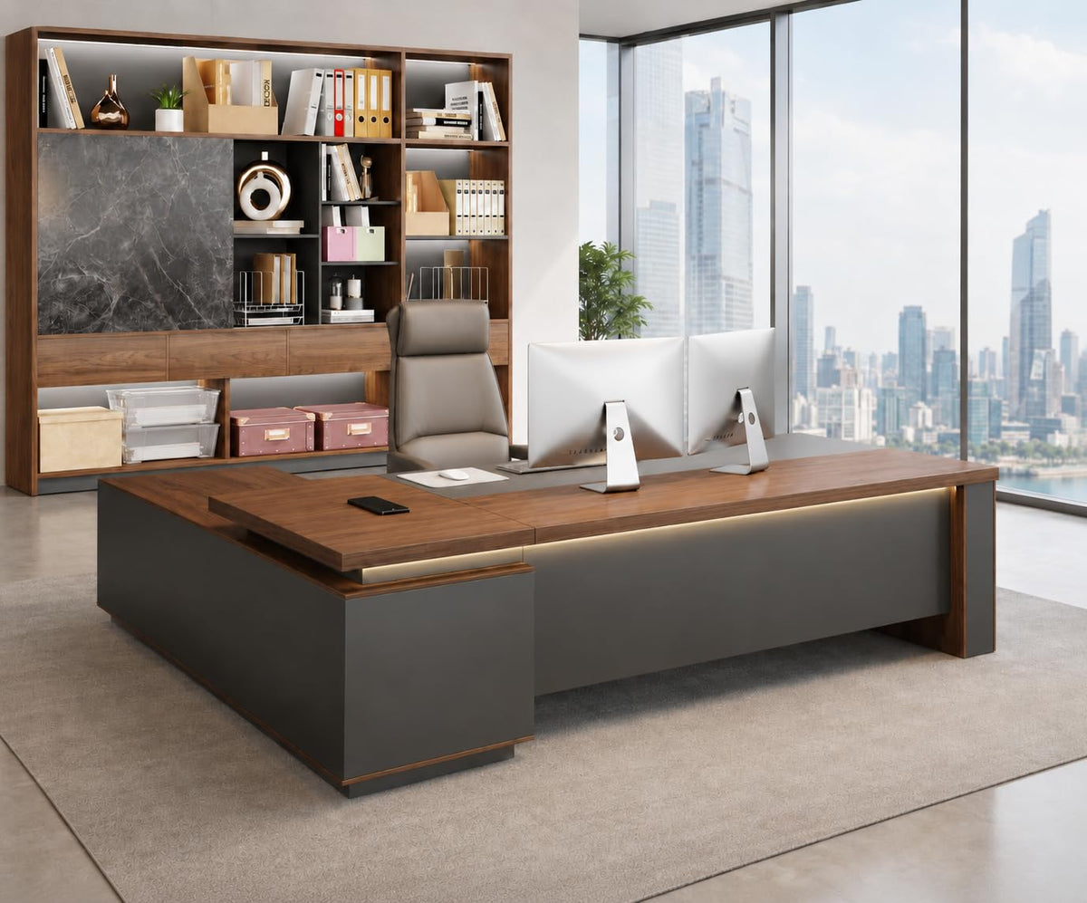 Reversible L-Shaped Executive Desk with LED Lighting, Charging Station & Lockable Drawer