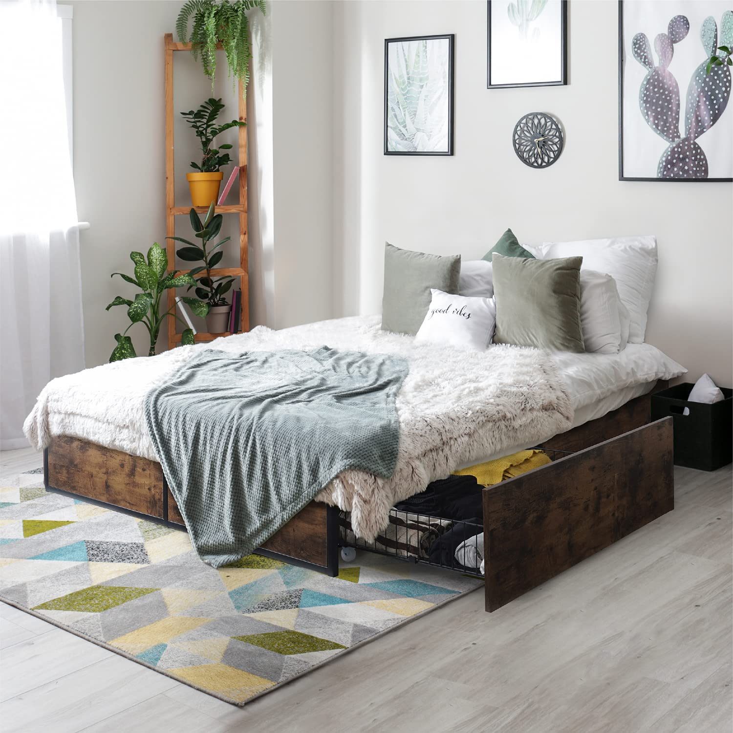 Industrial Metal Storage Bed Frame with 4 Drawers, Mattress Foundation