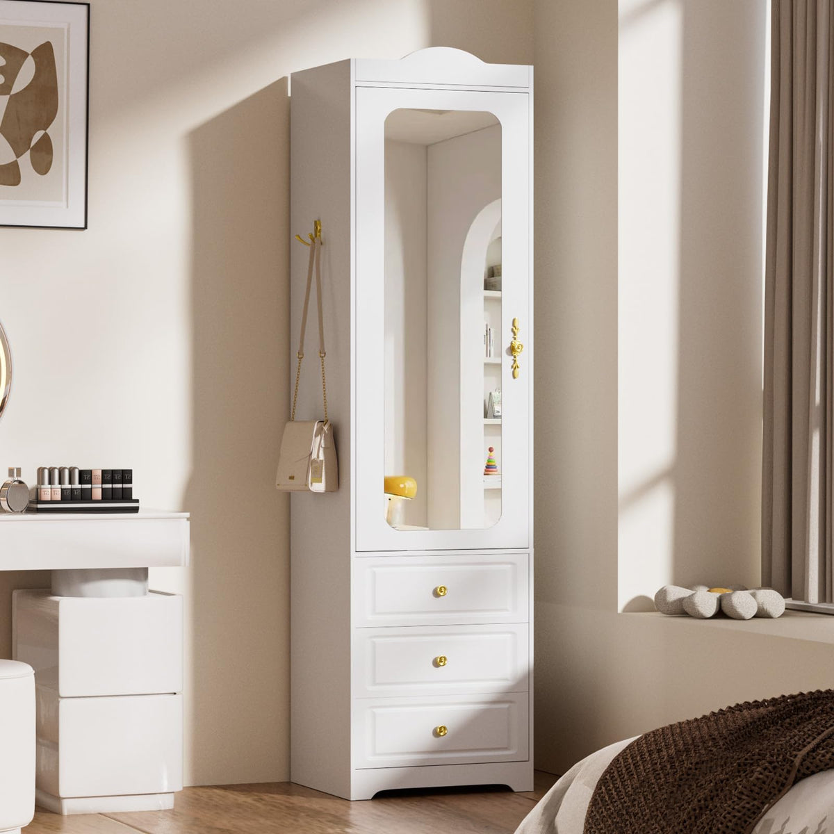 Wardrobe Armoire with Mirror Door, 3 Drawers & Sensor Light