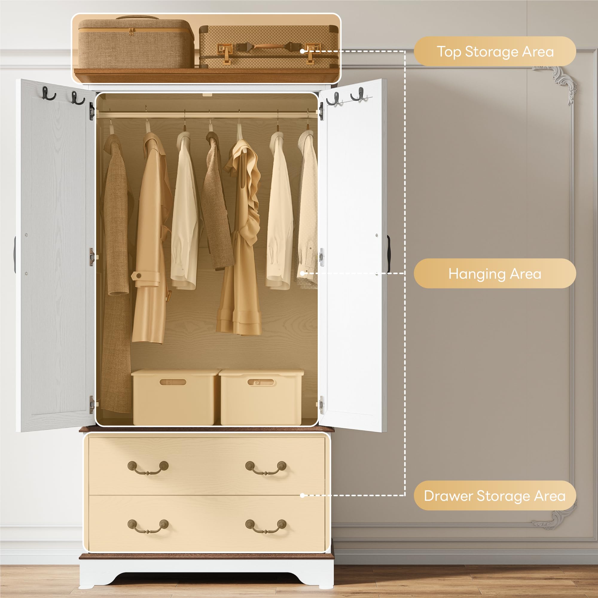 Armoire Wardrobe Closet with Mirror, 70.1" Wooden Clothing Storage Cabinet