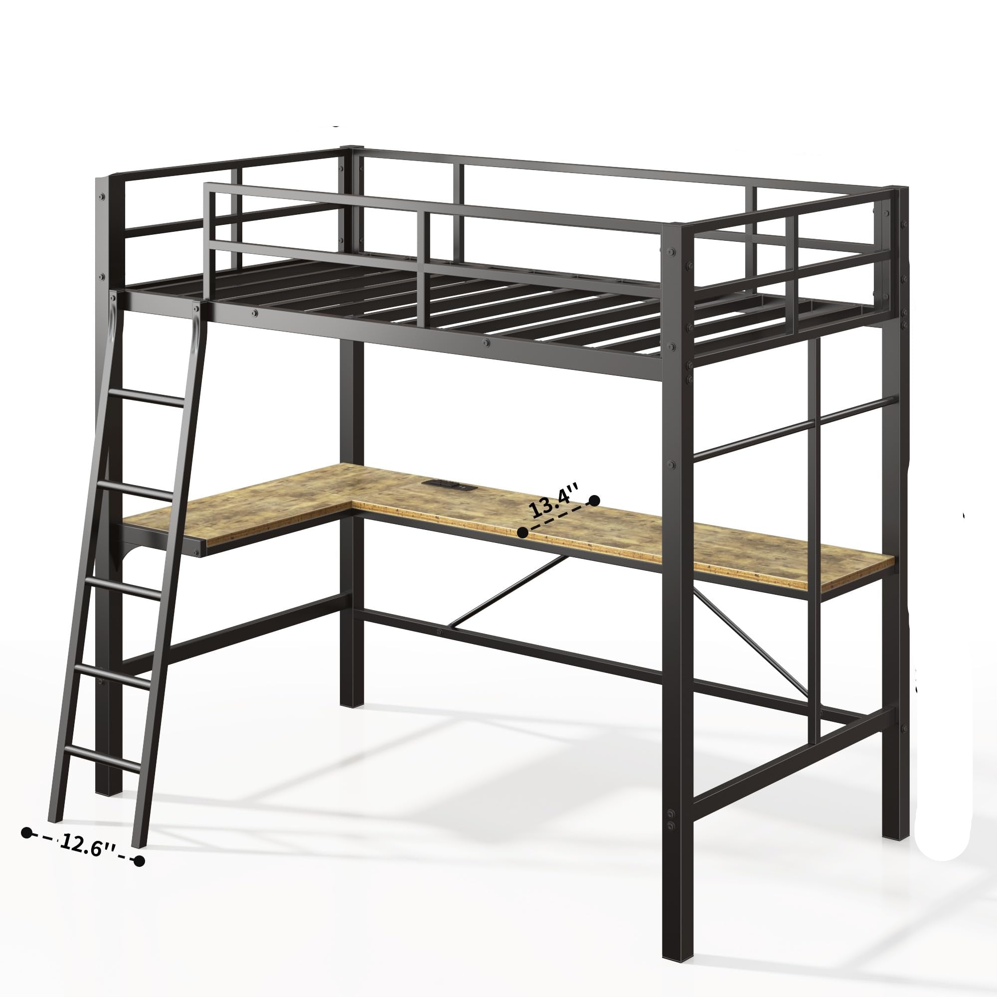 Twin Size with L-Shaped Desk and Charging Station | Sturdy Metal