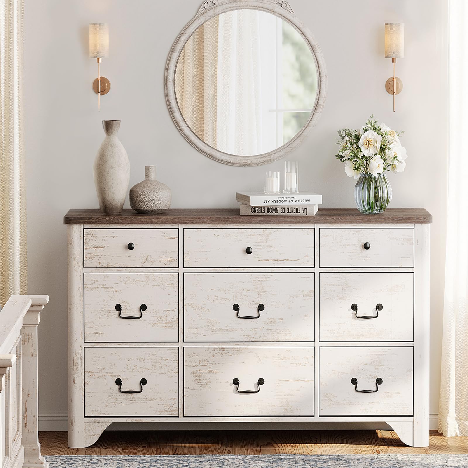 9 Drawers Dresser for Bedroom, 53.5'' Wide Farmhouse White Dresser
