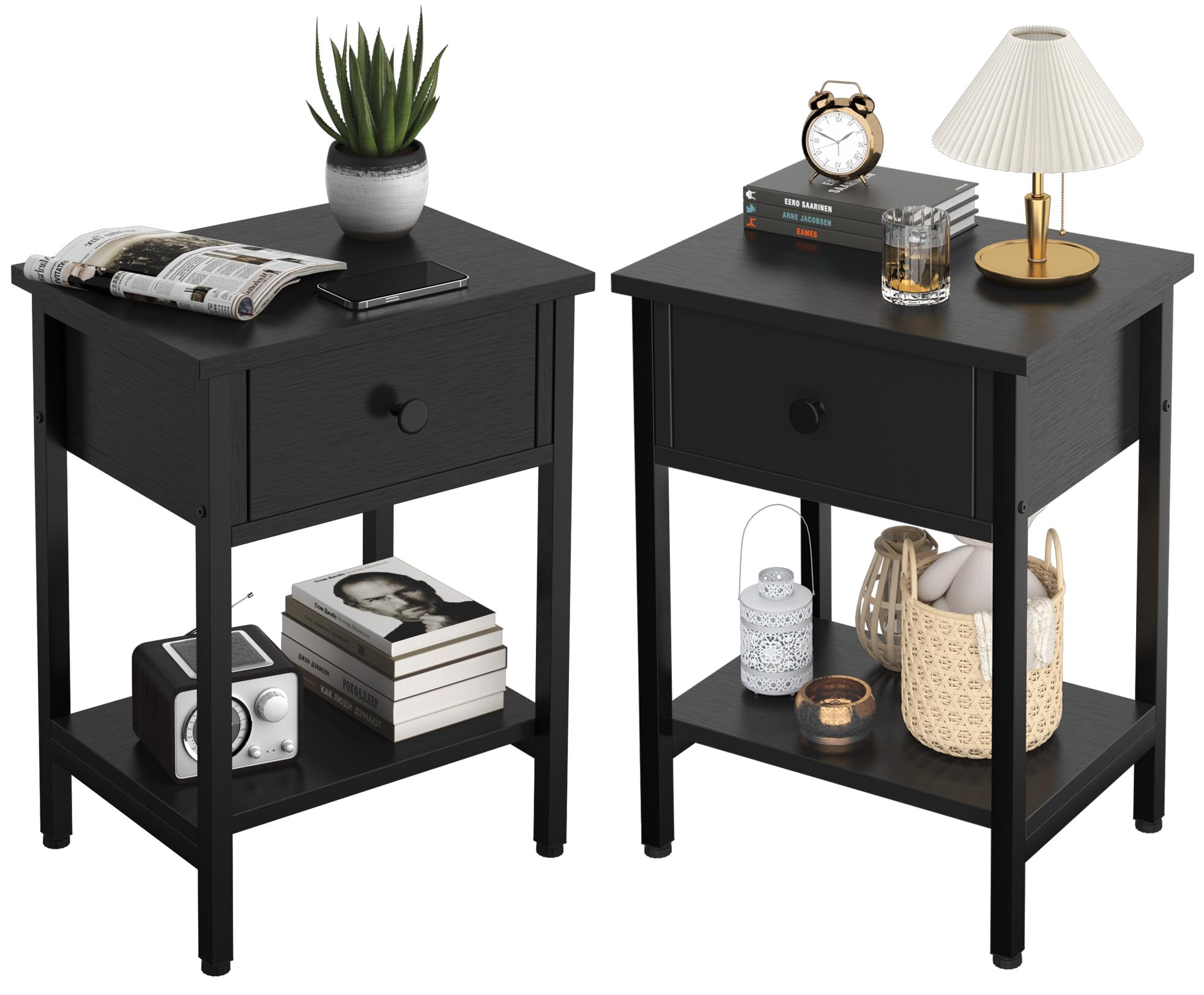 Nightstands Set of 2 with Drawers, Bedside Table Set of 2 with Storage Shelf