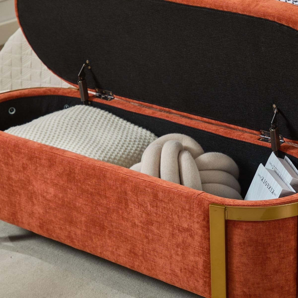 Orange Chenille Storage Bench for Bedroom, 4ft Modern Oval Upholstered