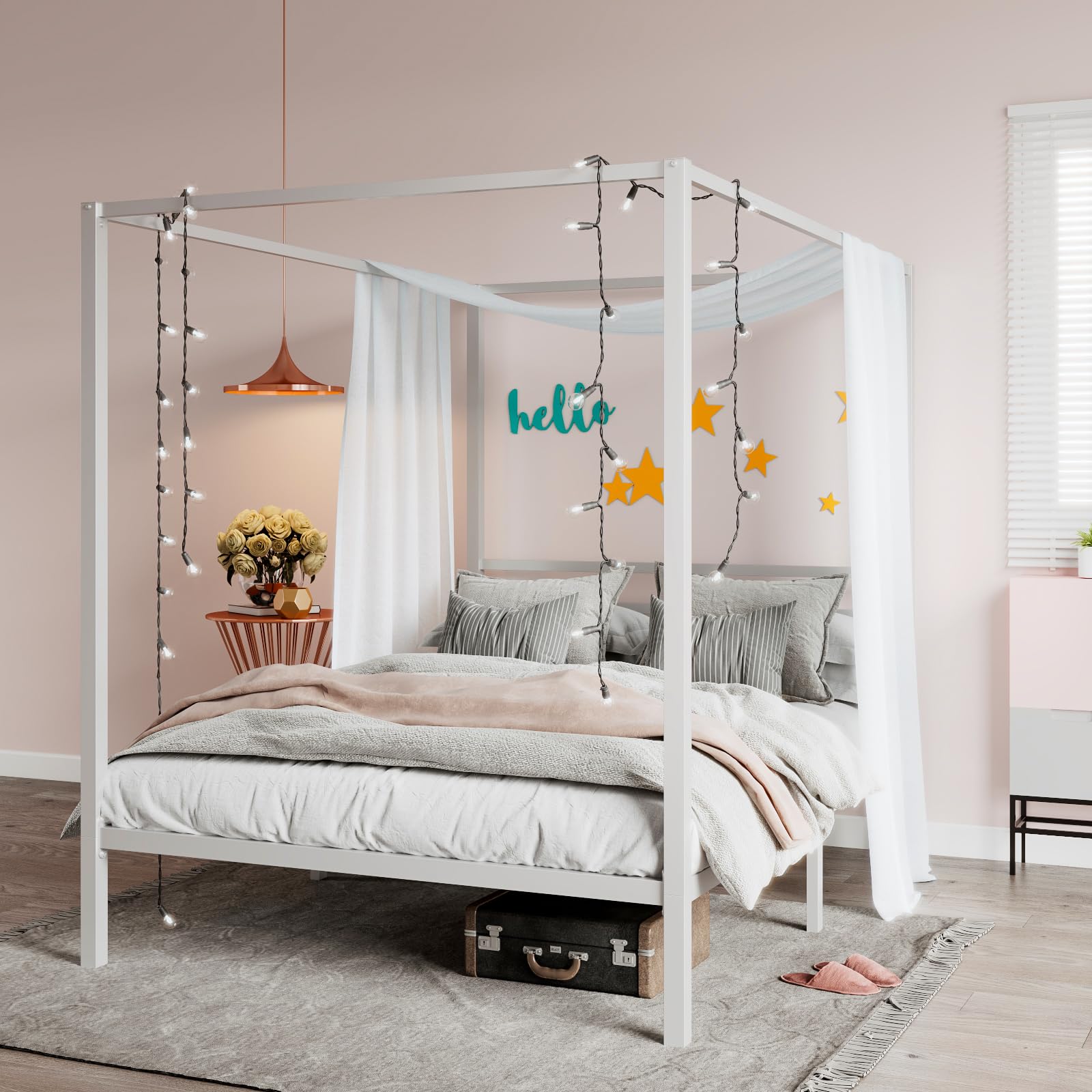 Canopy Bed Frame Full Size/Mattress Foundation with Metal Slats Support/No Box Spring