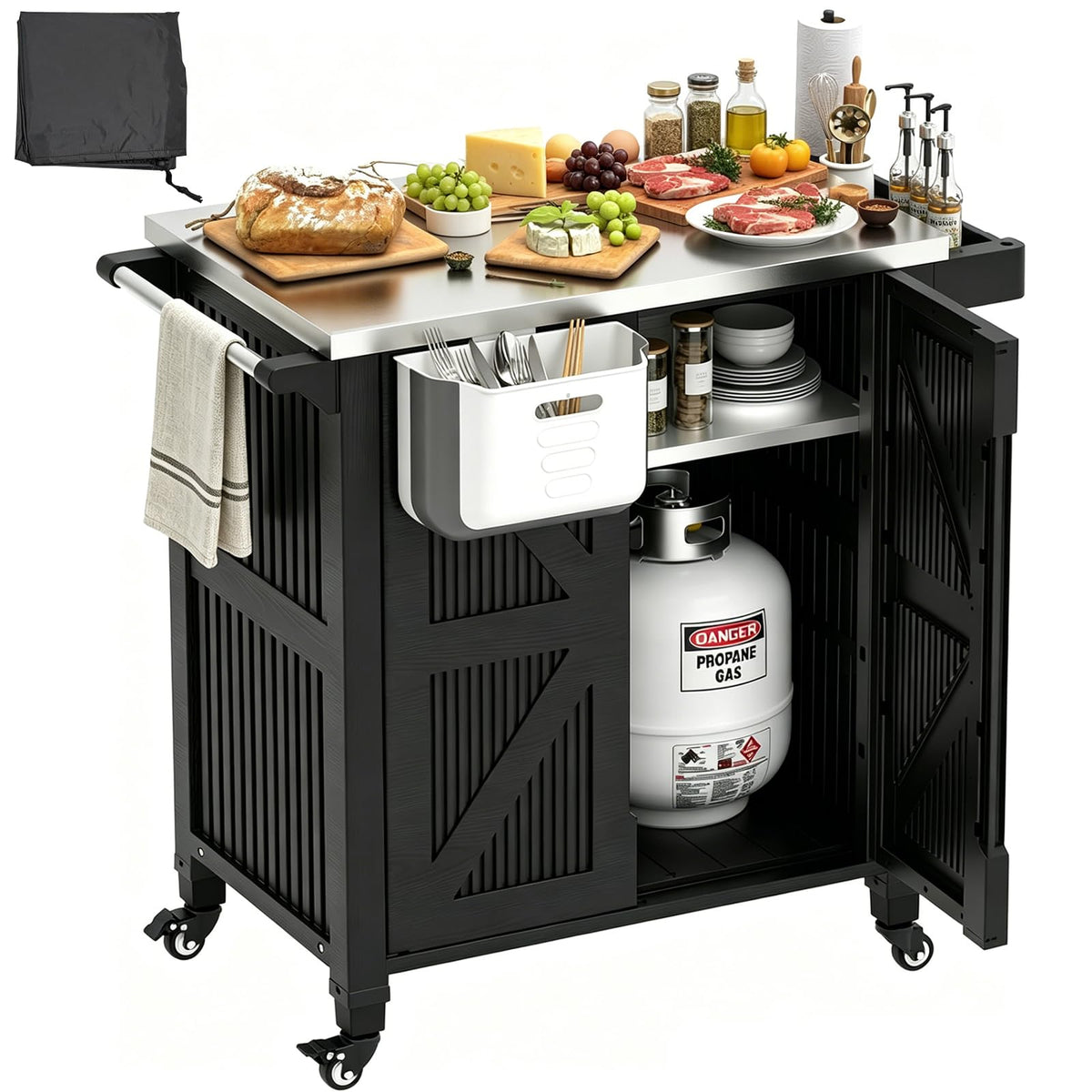 Outdoor BBQ Grill Cart with Storage Cabinet & Stainless Steel Top