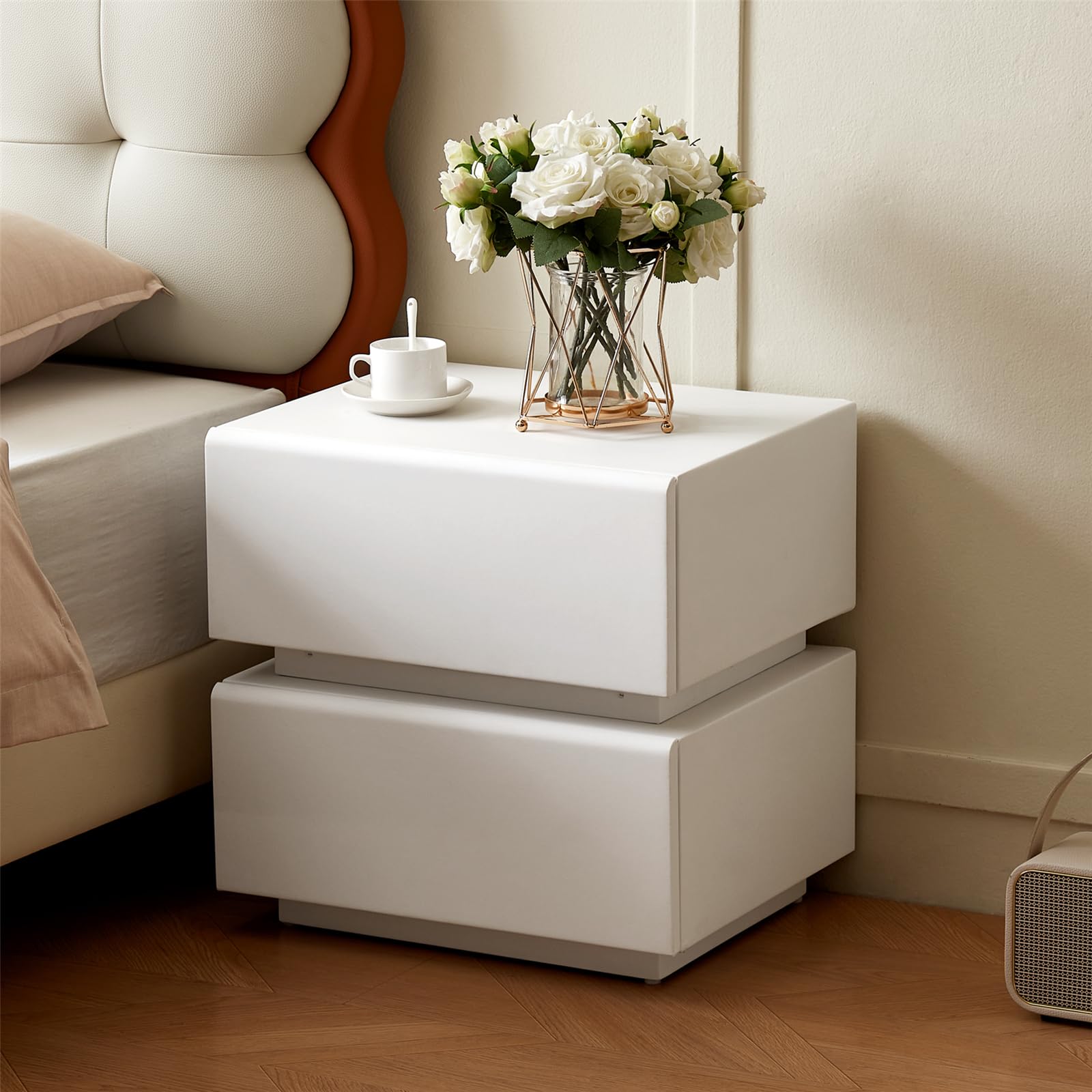 White Nightstand with Lights Strip, Modern Leather Wrapped Bedside Table with 2 Drawers