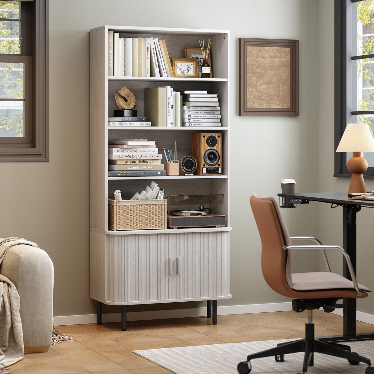 71" Bookshelf with Sliding Door & Tambour Cabinet
