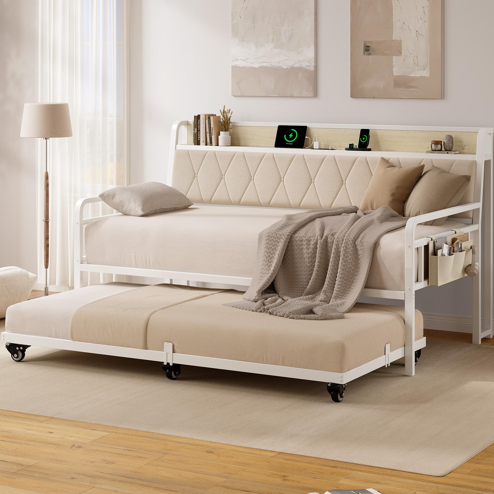 Twin Daybed with Trundle, Metal Day Bed Frame with Ergonomic Upholstered Headboard