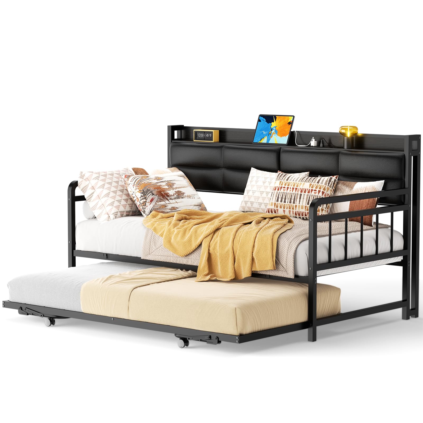 Daybed with Trundle, Twin Day Bed with Upholstered Headboard and Charging