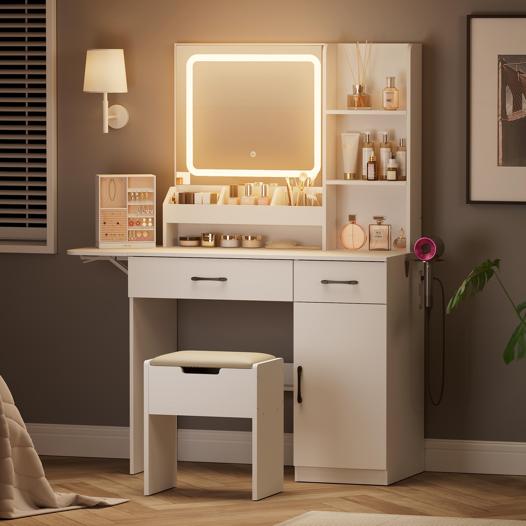 Dowinx Vanity Desk with Mirror and Lights, Power Outlet Makeup Vanity