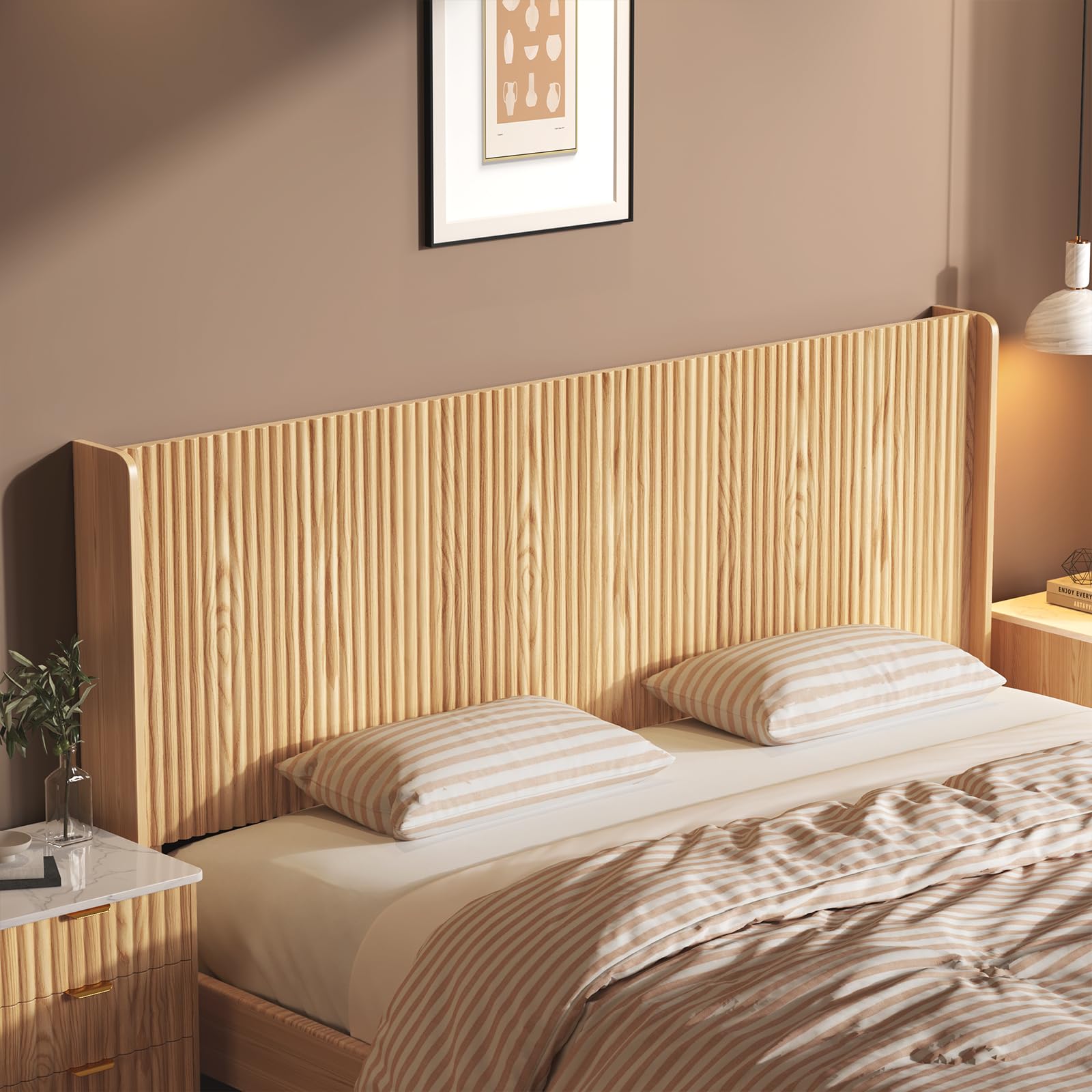 0.3'' Wood Headboard Queen Size with Charging Stations, Boho Bed Frame