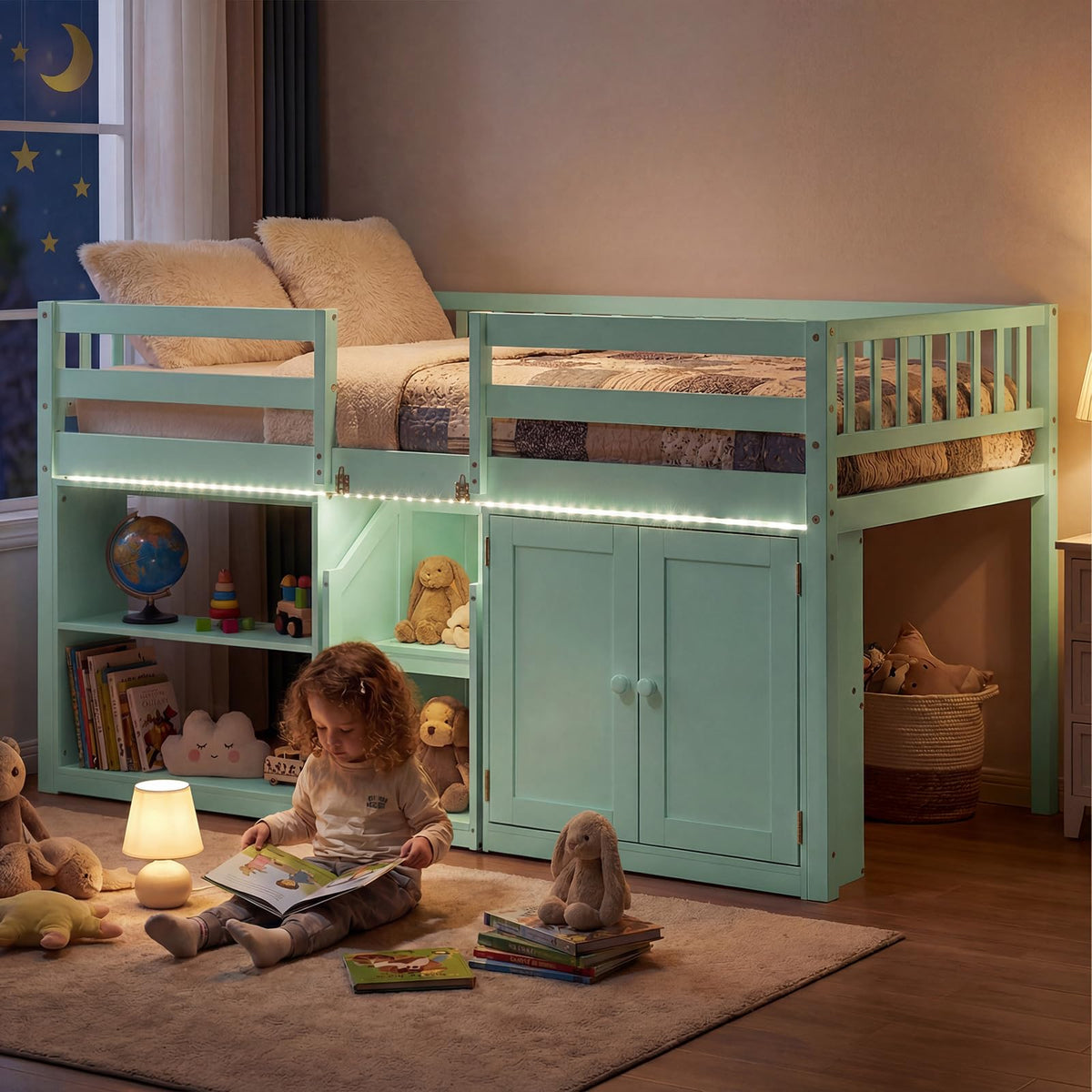 Kids Twin Low Loft Bed with LED Lights & Storage