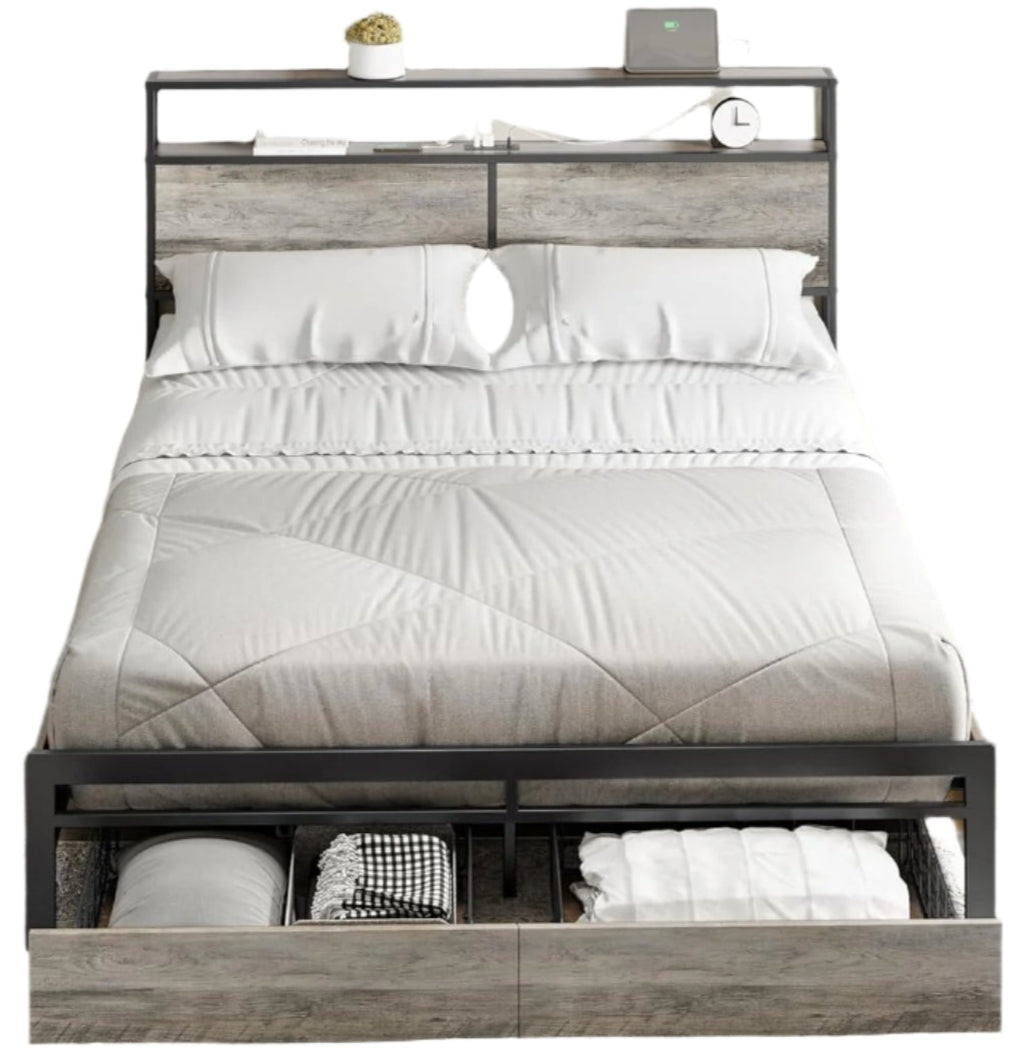 King Bed Frame with Storage Headboard & 4 Drawers - Metal Platform, LED Lights