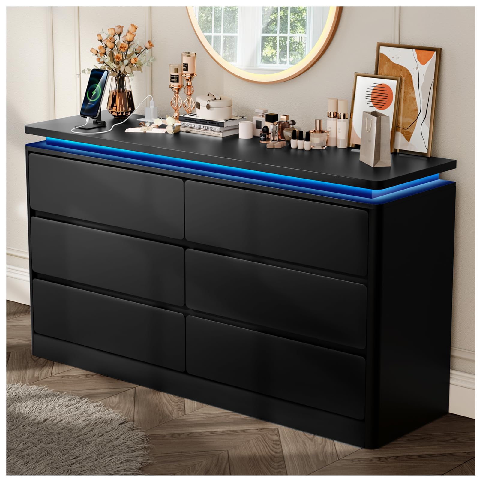 Upgraded 6 Drawer Black Dresser for Bedroom, 47.2" Long Chest of Drawers