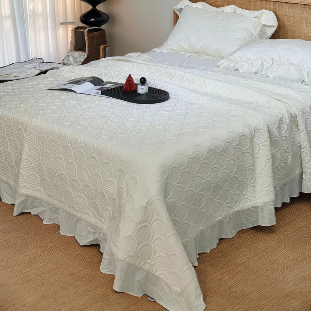 Queen Size Quilt Set Cream White Quilt Set Cooling Summer Quilts Ruffled Oversized