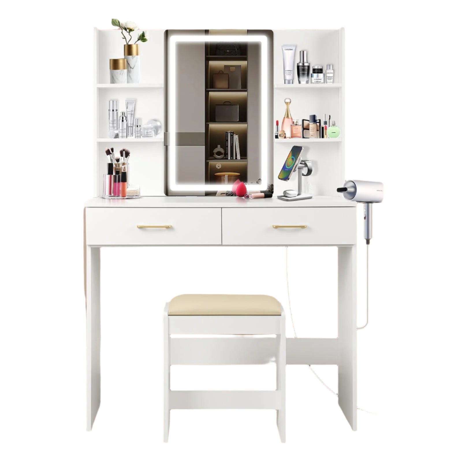 Vanity Set with Mirror and Stool and Lights, Vanity Desk with Mirror & Power Outlet