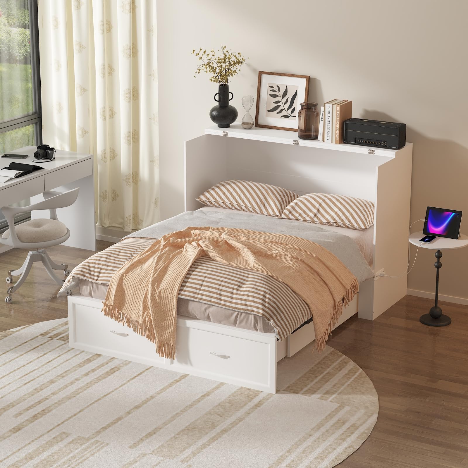 Full Size Murphy Bed with Charging Station & Storage, Cabinet Bed Frame with Drawer