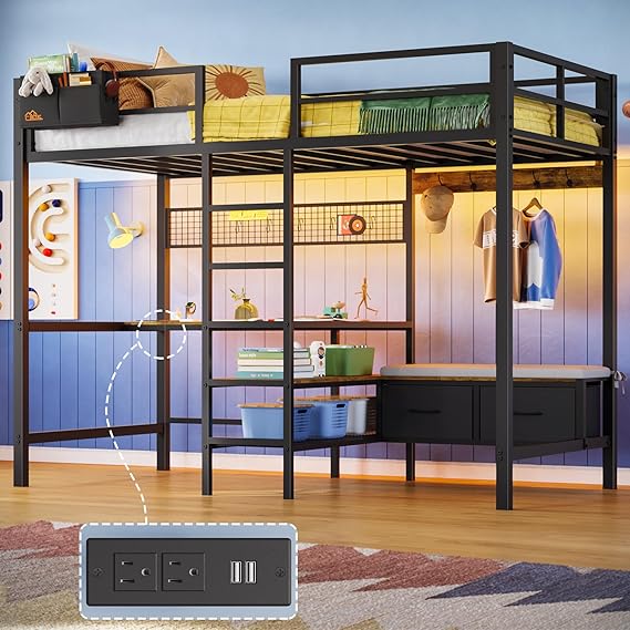 Loft Bed with L-Shaped Desk and Charging Station Twin Size