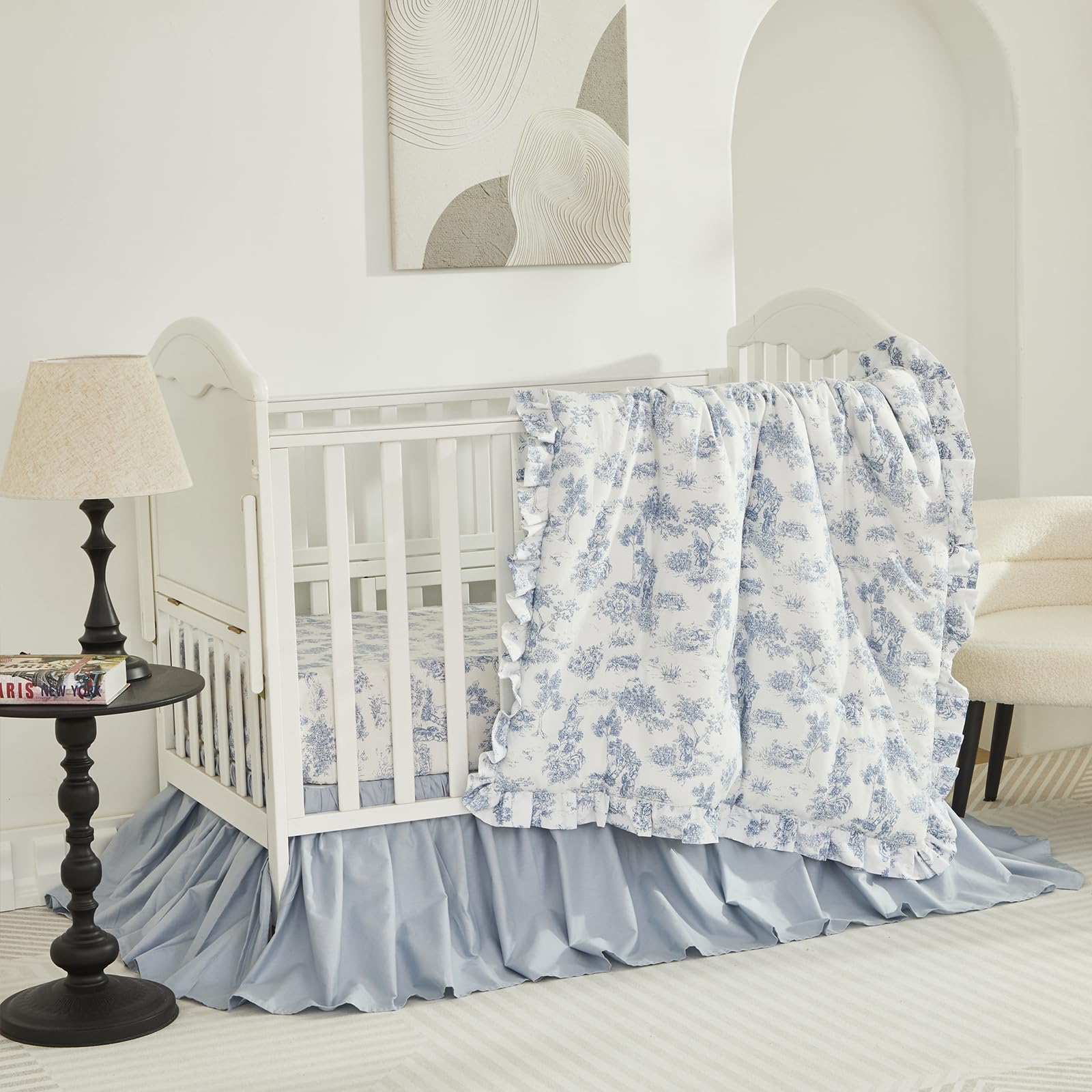 3 Pieces French Country Toile Crib Bedding Set for Girls Vintage Blue