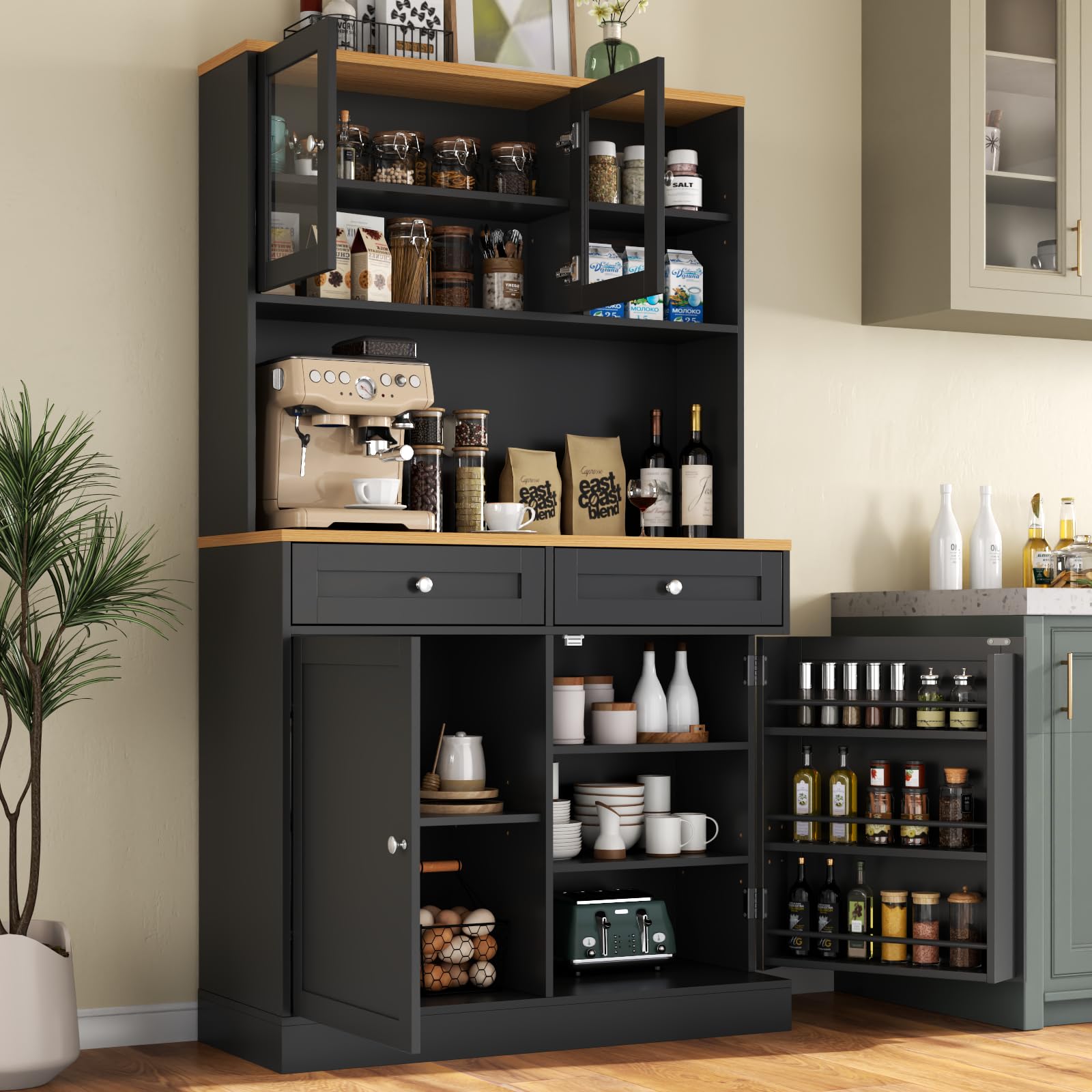 Tall Pantry Cabinet with Glass Doors & Microwave Stand