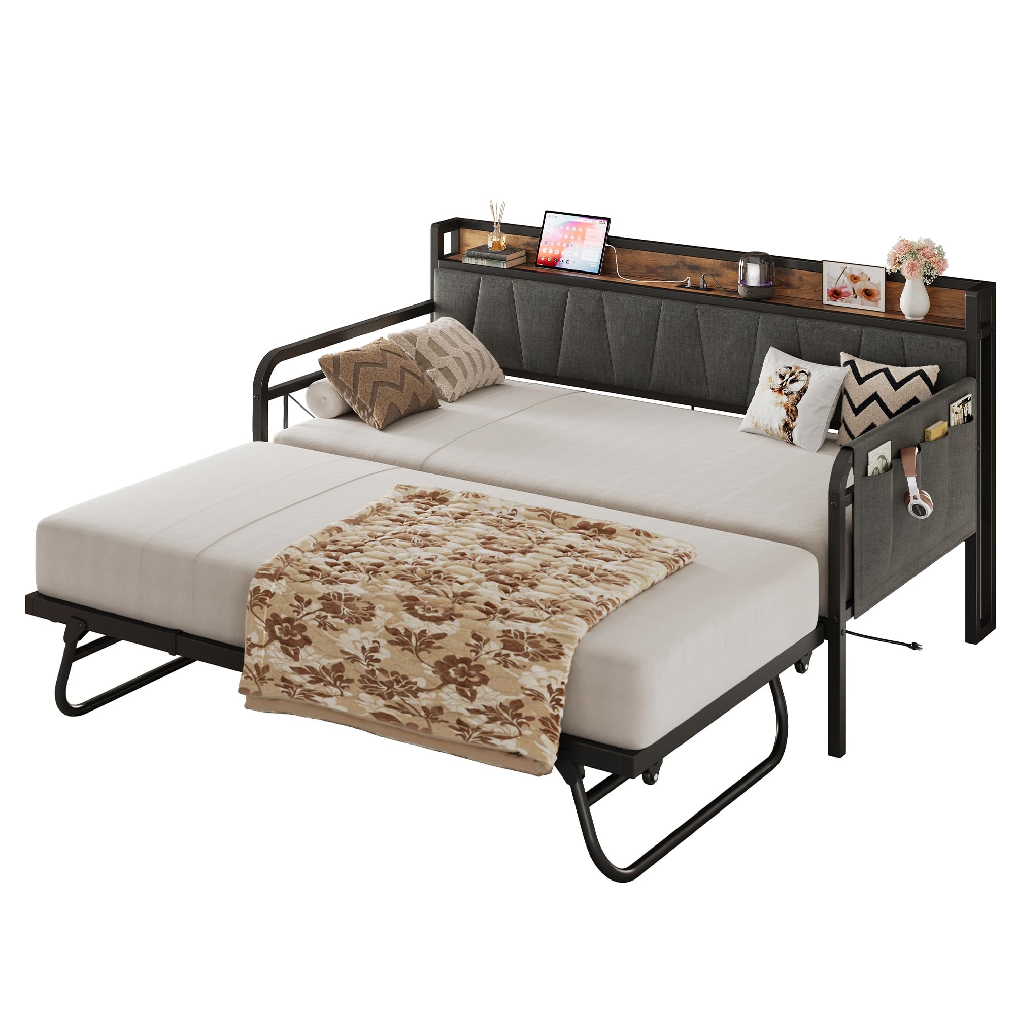 Trundle Bed, Twin Bed Frame with Storage Headboard and Charging