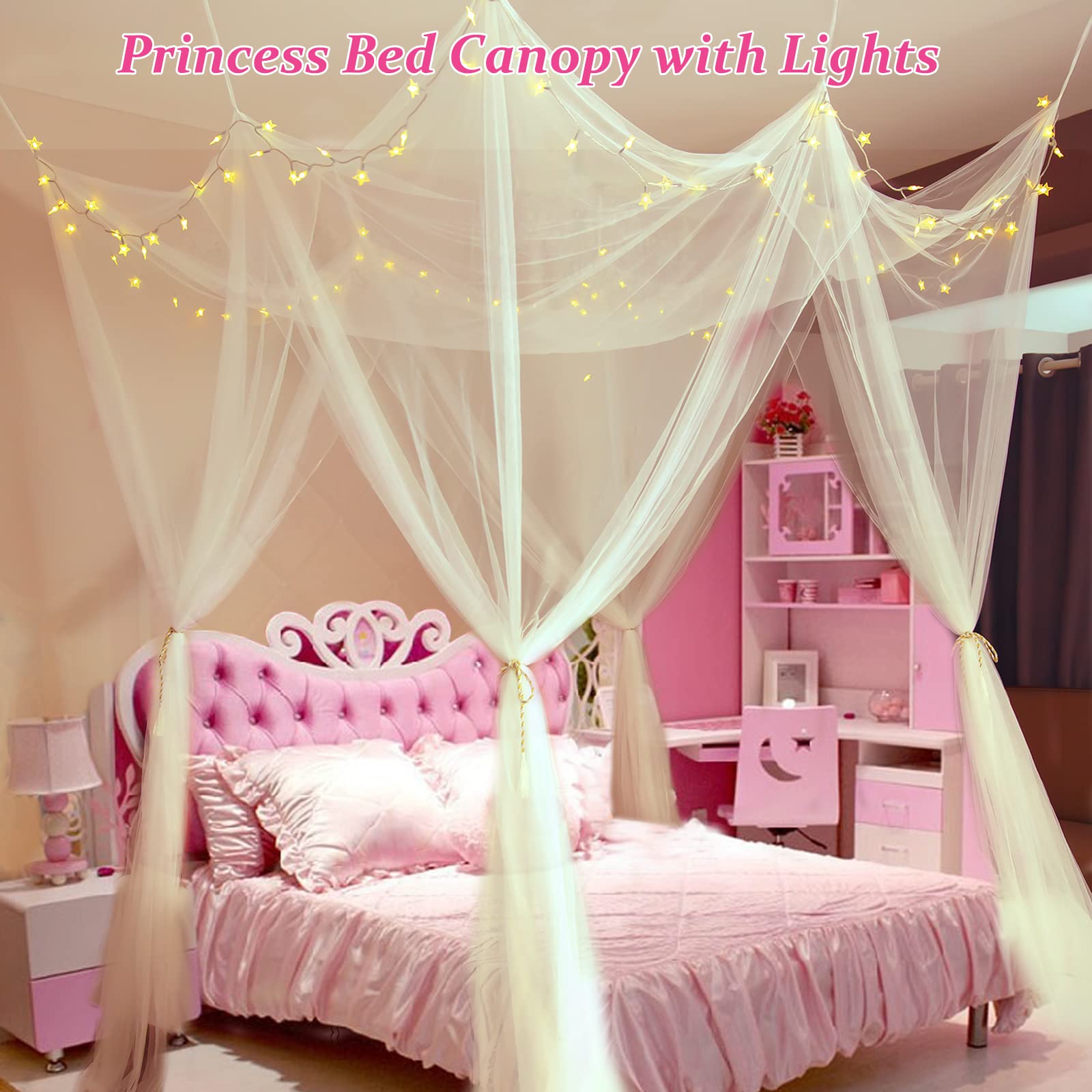 White Bed Canopy with Lights for Girls Bedroom Decor, 8 Corner Princess Canopy