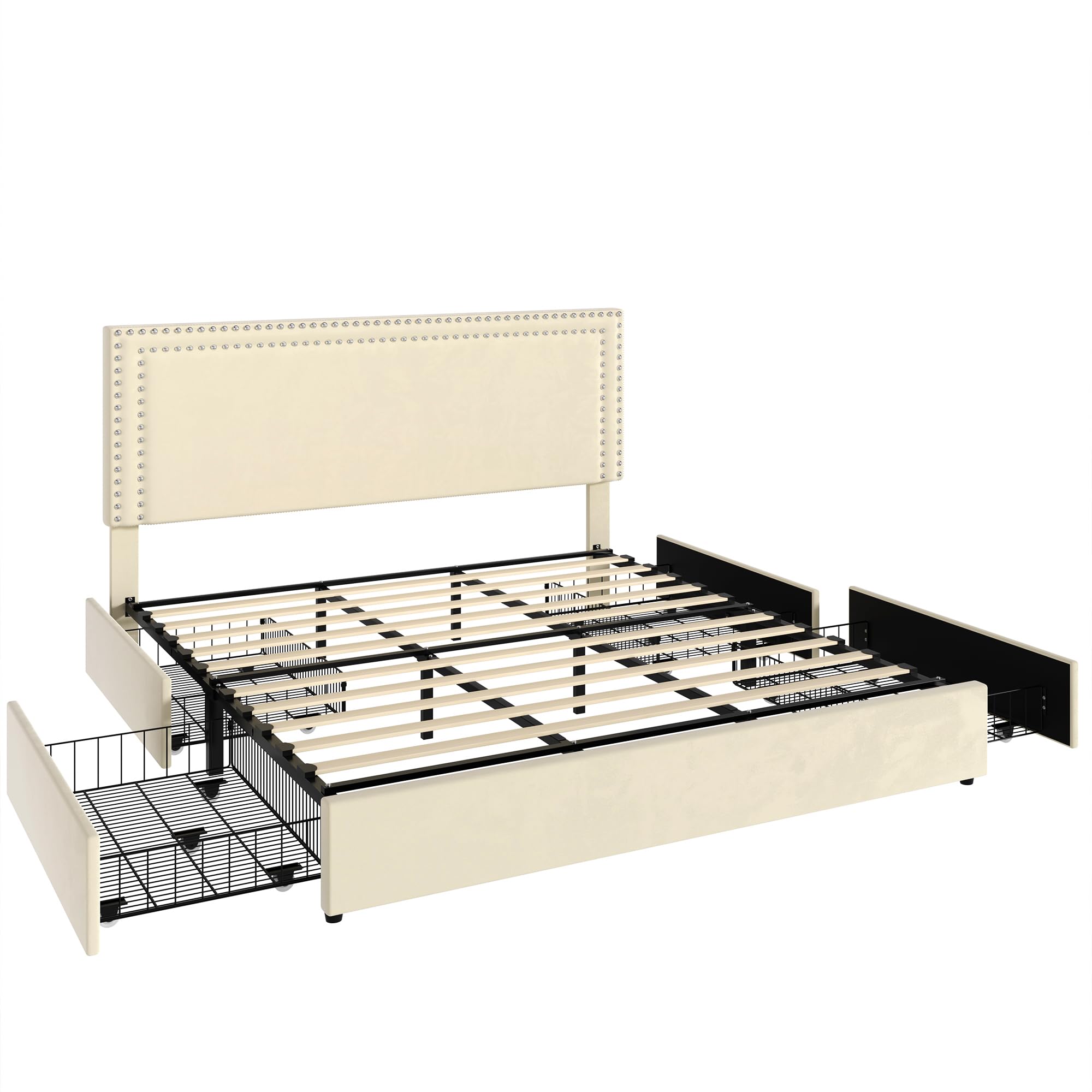 King Size Upholstered Platform Bed Frame with 4 Storage Drawers