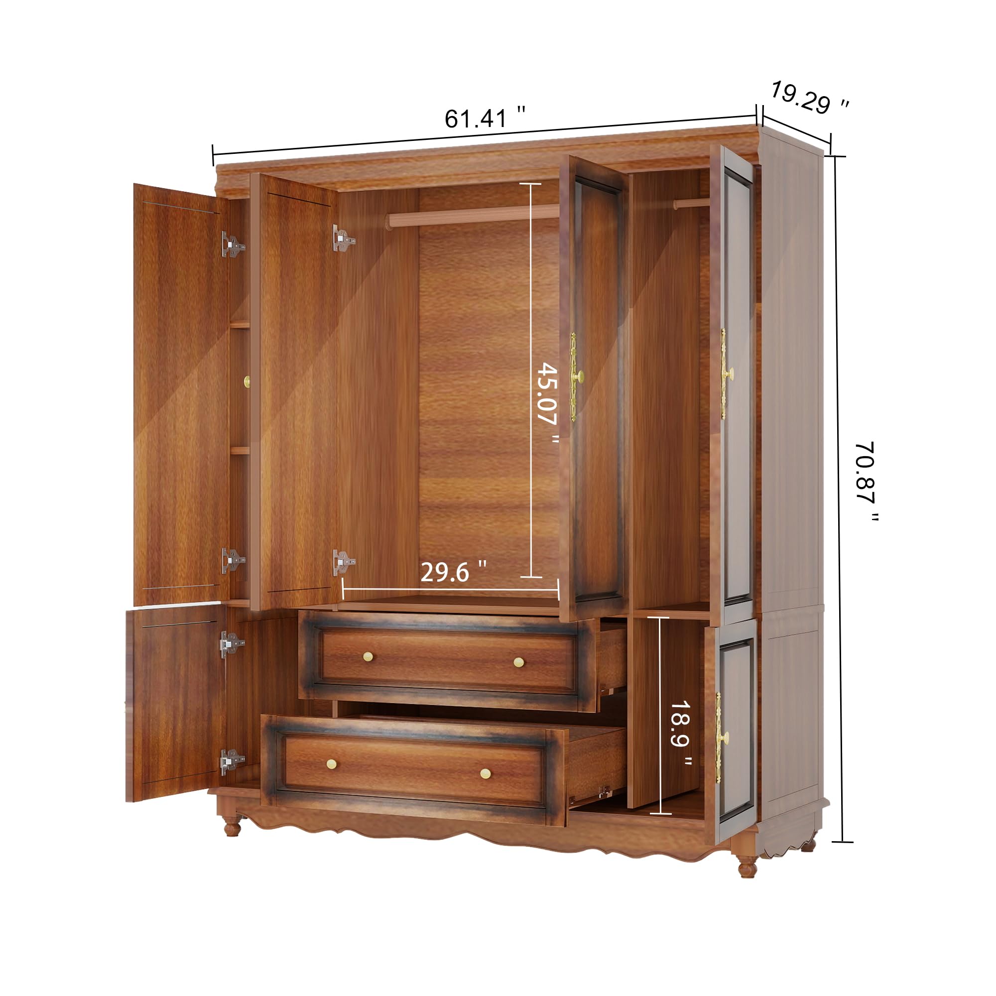Solid Wood Armoire 4-Door Closet with 2 Drawers,100% Solid Wood Armoire Cabinet