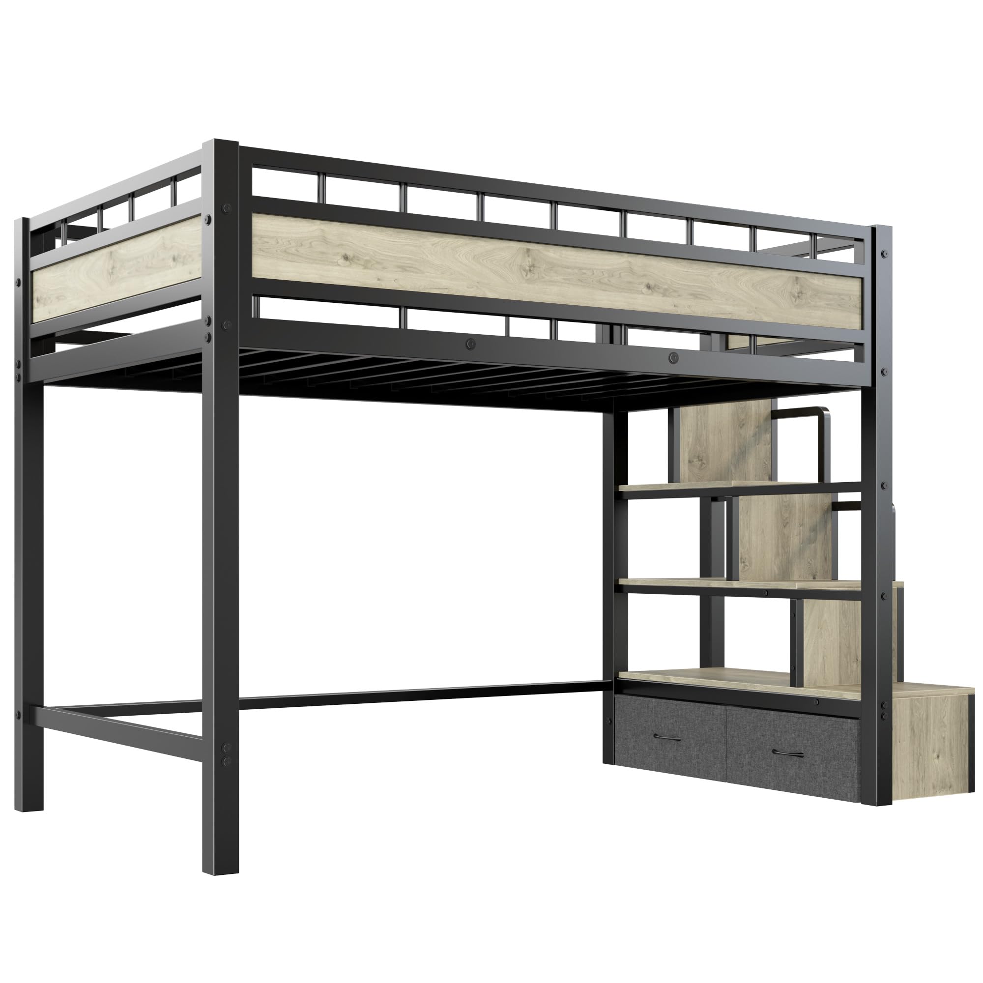 Loft Bed Twin Size with Stairs, Heavy Duty Metal Loft Bed Frame