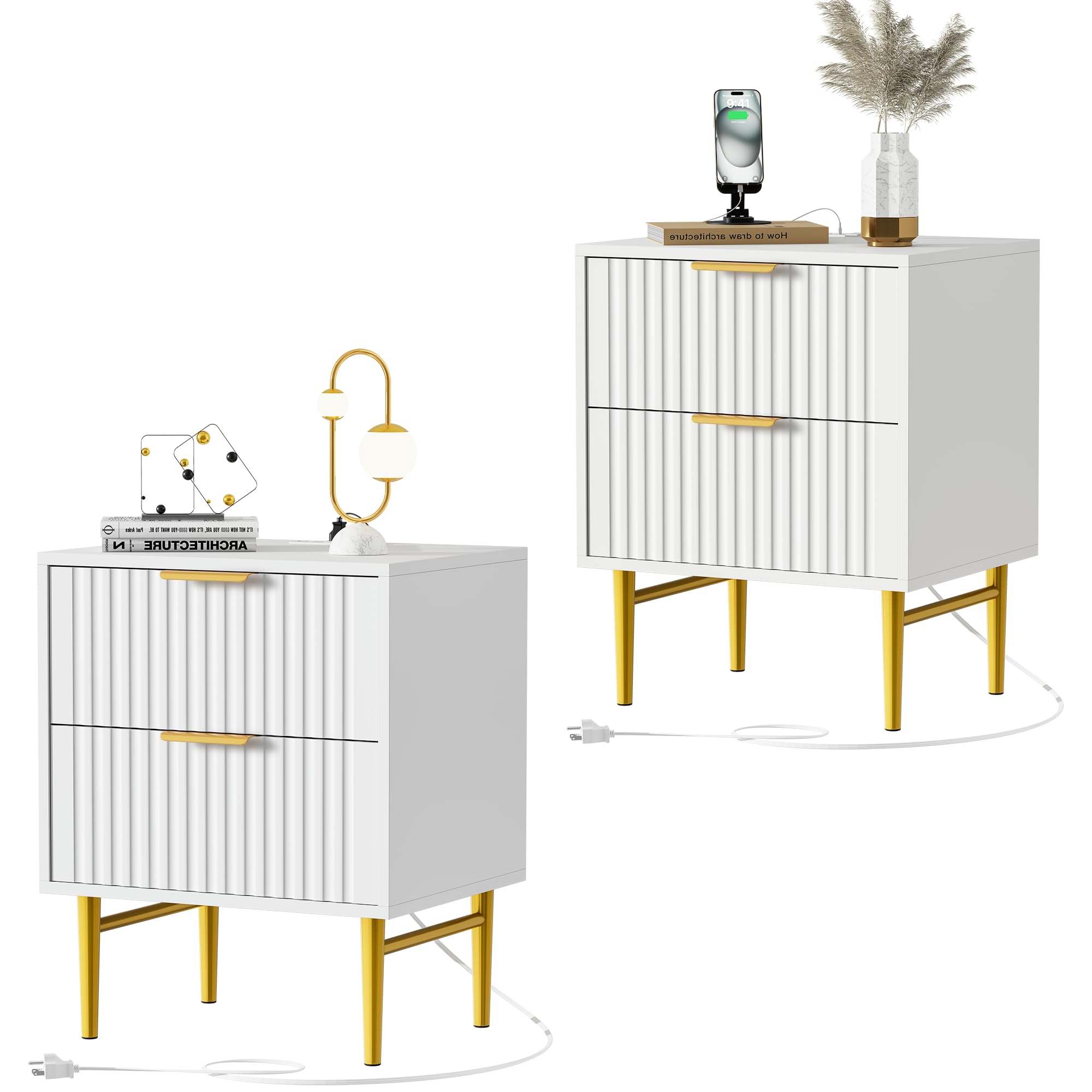White Nightstand Set of 2 with Charging Station, Wood Side Tables with 2 Drawers