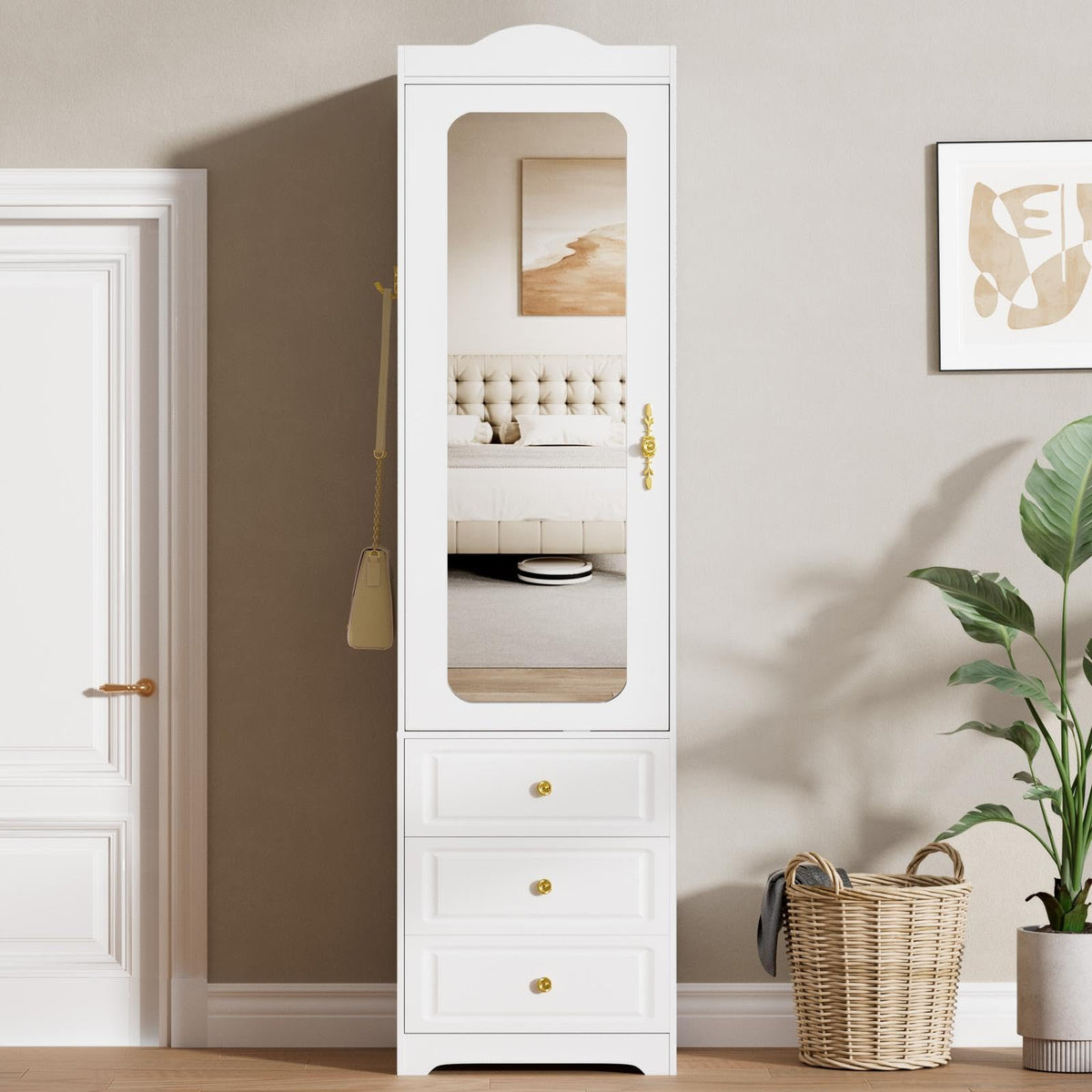 Wardrobe Armoire with Mirror Door, 3 Drawers & Sensor Light